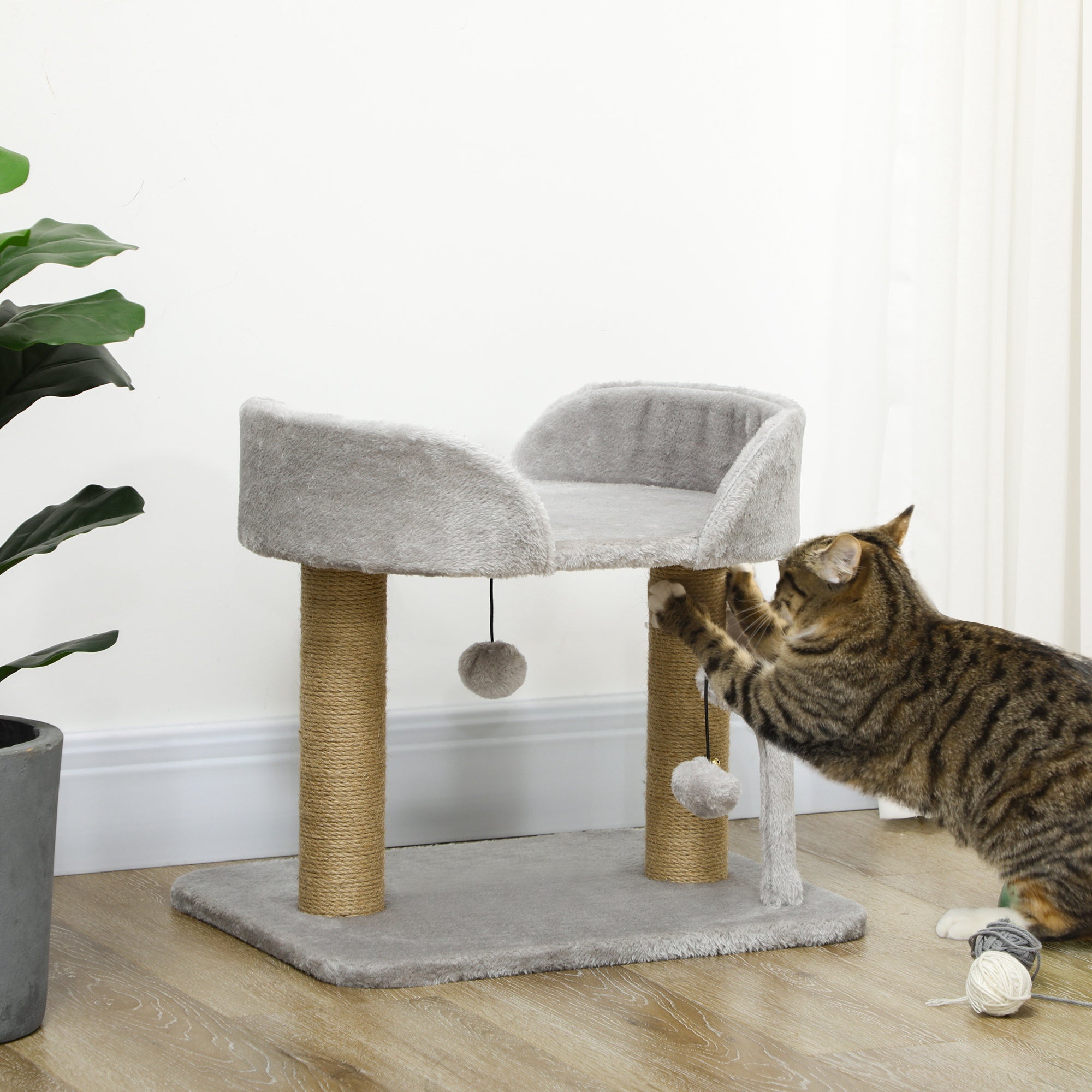 Cat Tower Condo for Indoor Cats, Small Cat Tree with Jute Scratching Posts, Top Perch, Dangling Balls, Light Grey