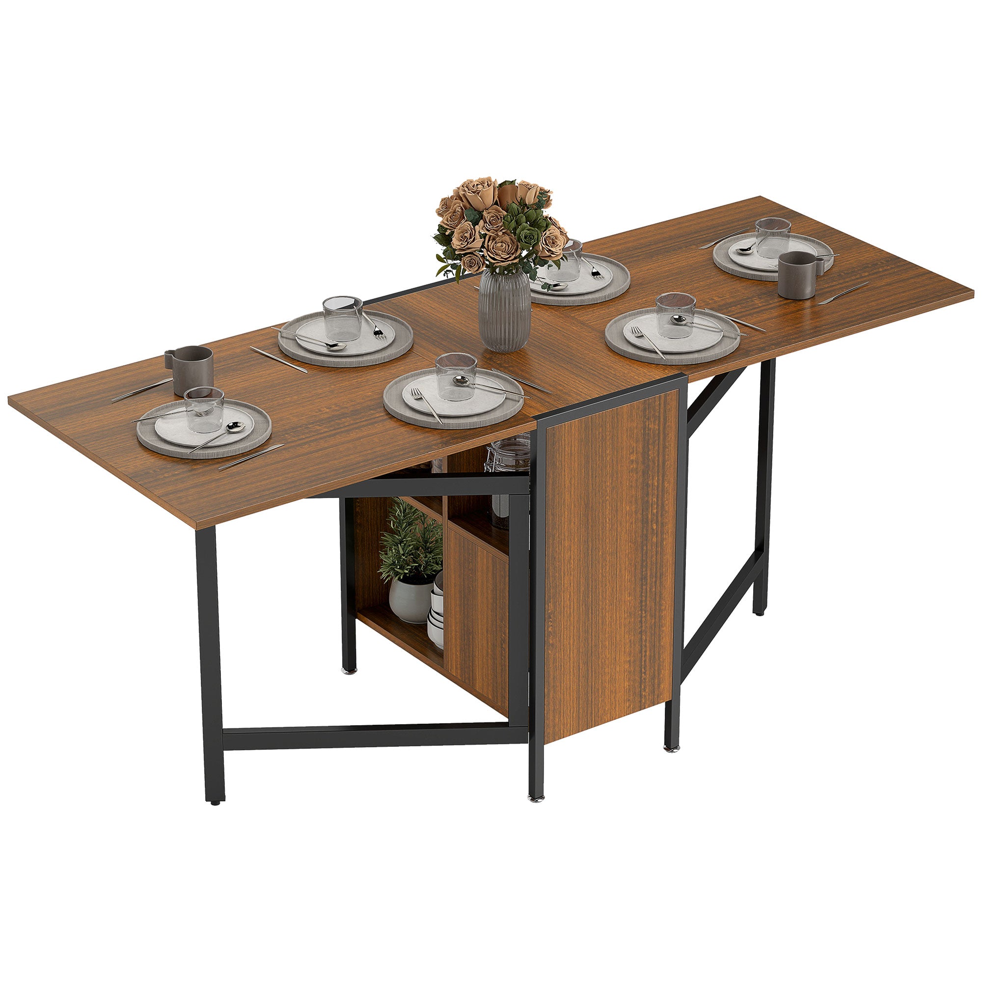 Multi-use Foldable Table with Hideaway Shelves, Drop Leaf Table for Kitchen, Dining, Study and Office, Brown