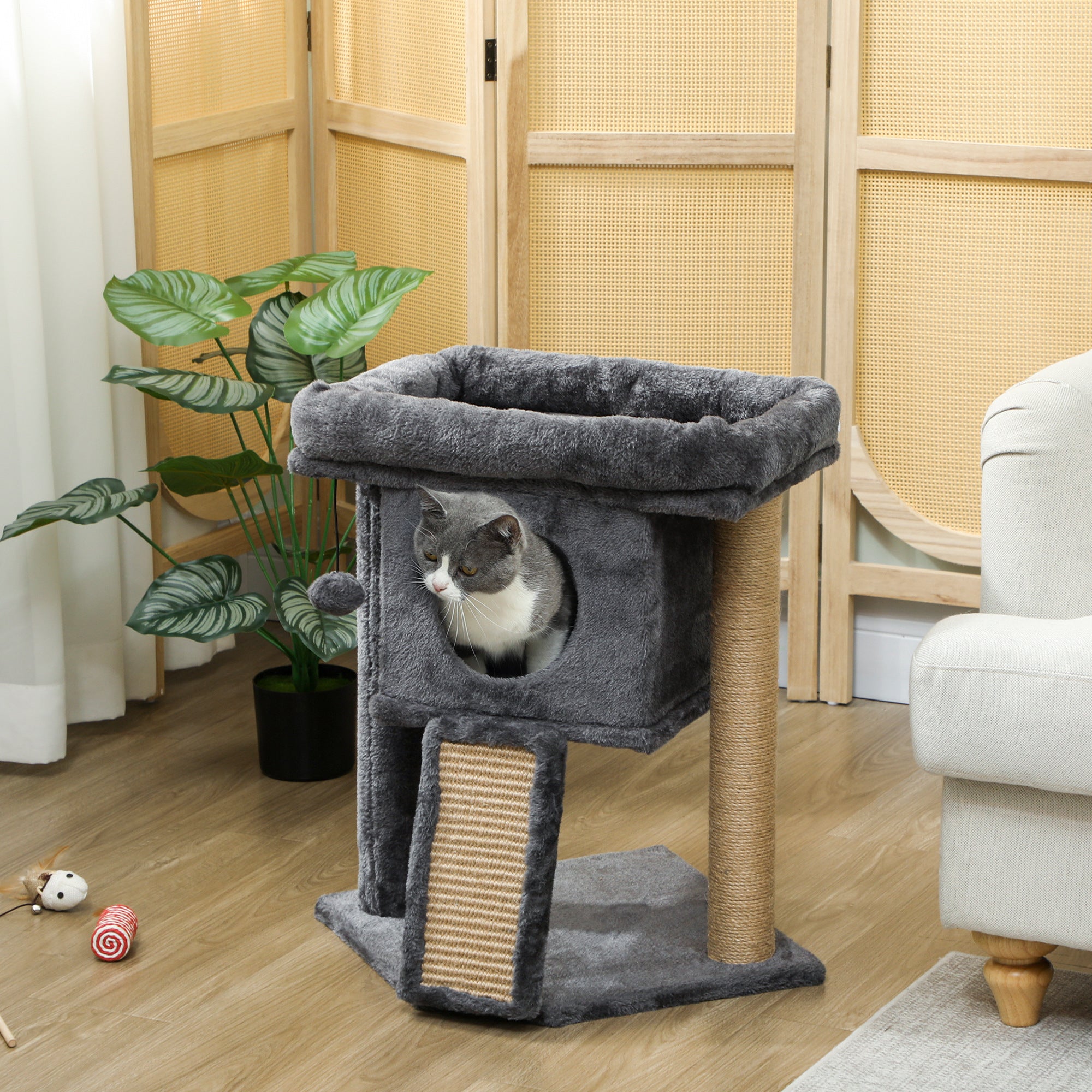 Cat Tree, Small Cat Tower with Perch, Scratching Post, Cat Condo, Toy Ball for Kitty, Indoor Use, Dark Grey