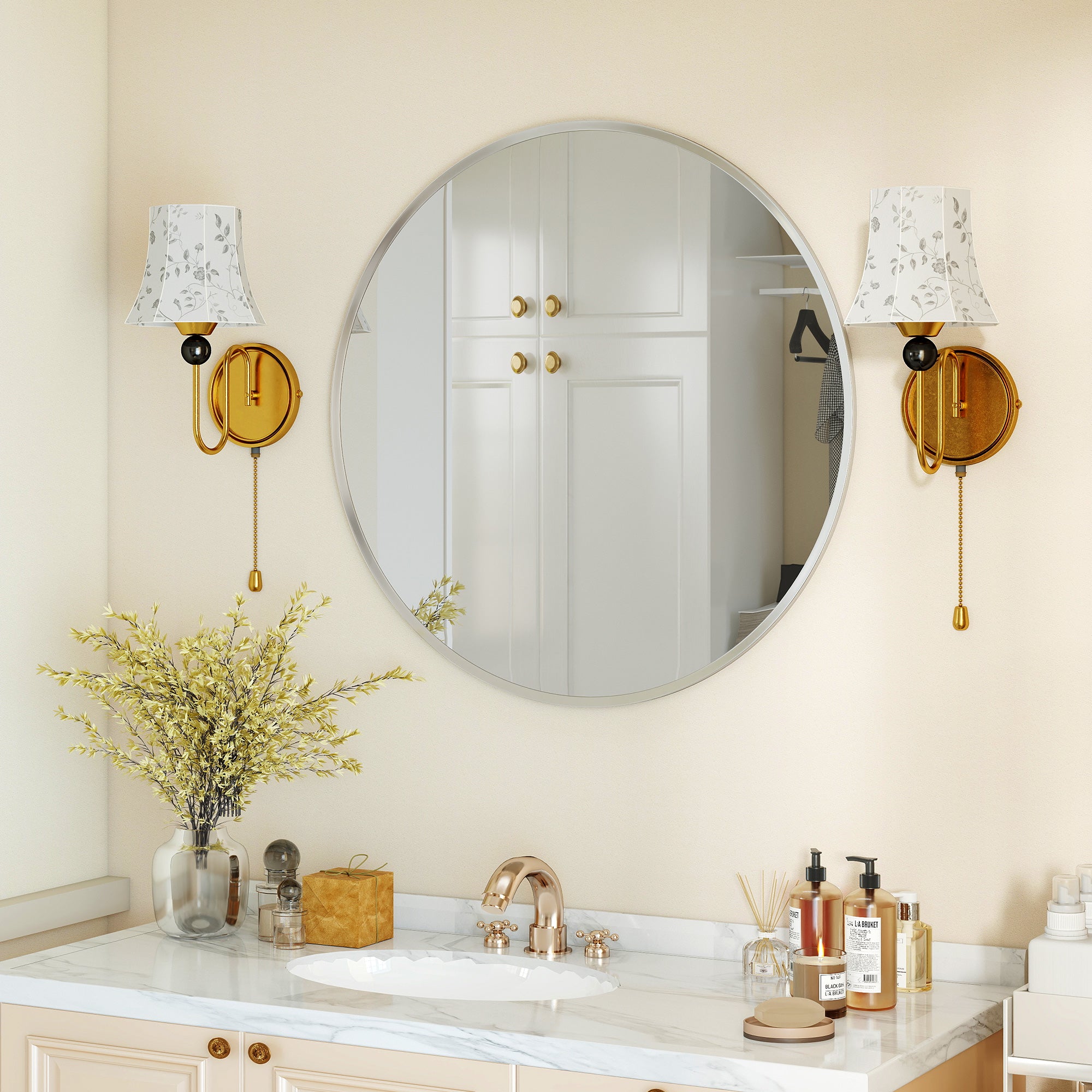 24" Decorative Wall Mirror for Bedroom Living Room, Modern Round Bathroom Mirror for Home Decor, Silver