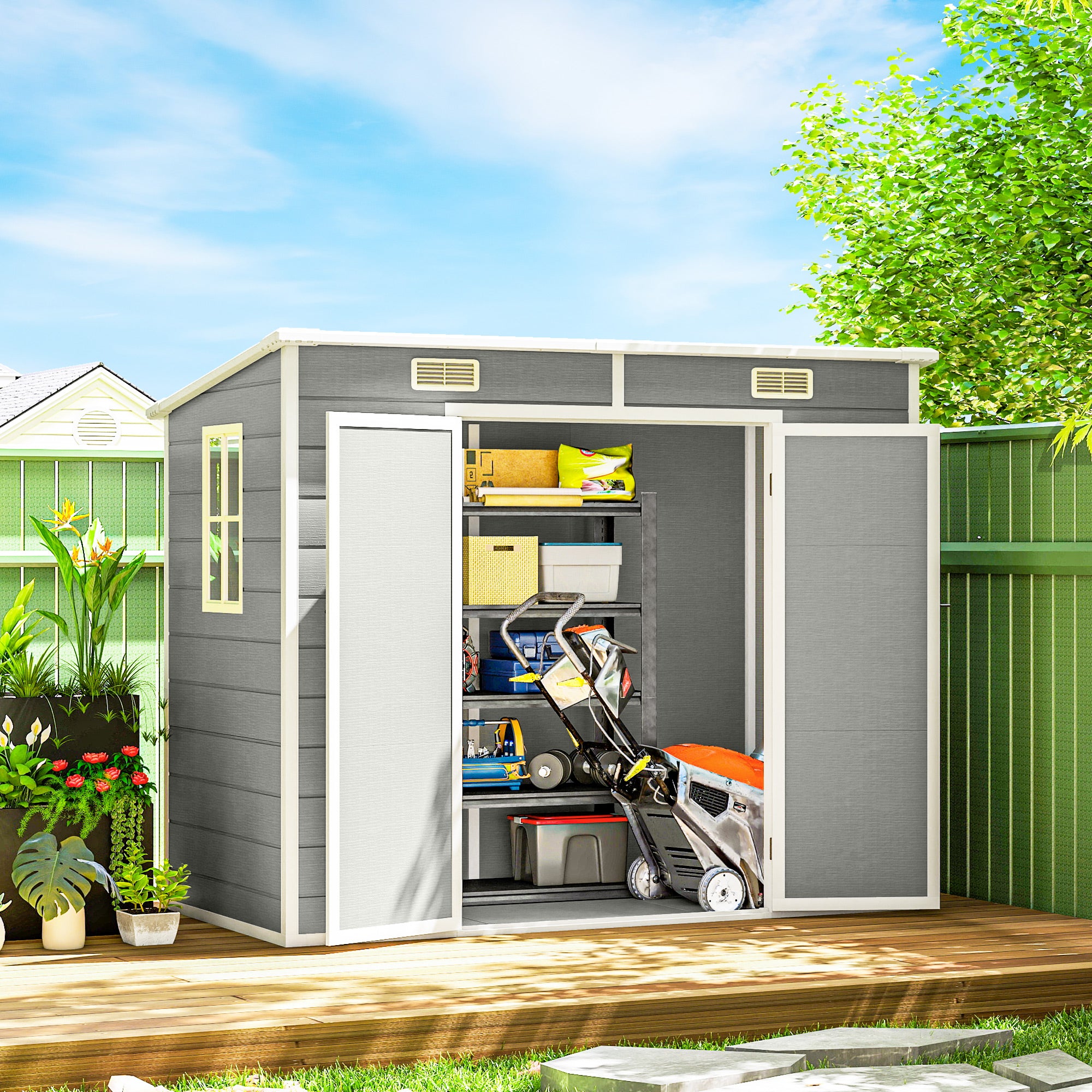 8' x 4' Resin Outdoor Storage Shed with Floor, Window, Lockable Doors and Vents for Backyard Patio Lawn, Light Grey