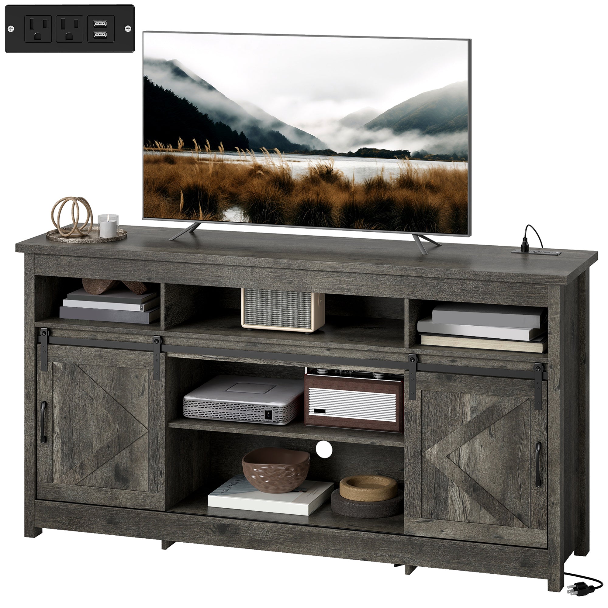 TV Stand with Power Outlets, Sliding Barn Doors and Adjustable Shelves for 72 Inch TVs, Dark Grey