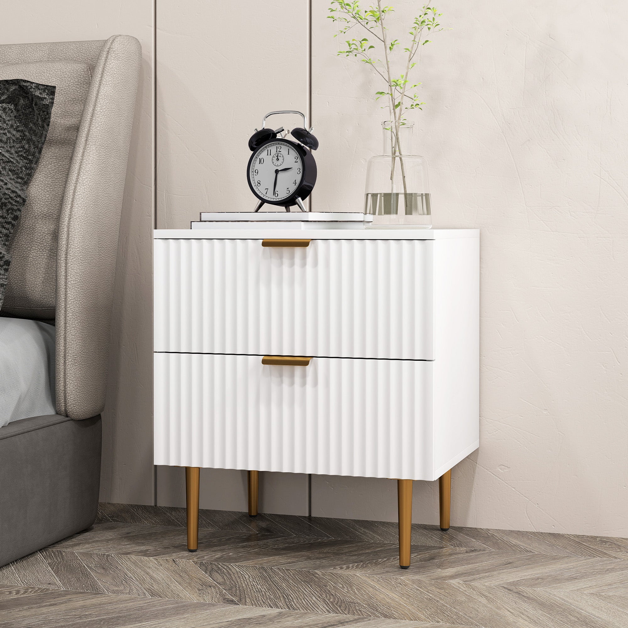 Bedside Table, Modern Nightstand with 2 Drawers, Side End Table with Metal Legs for Living Room, Bedroom, White