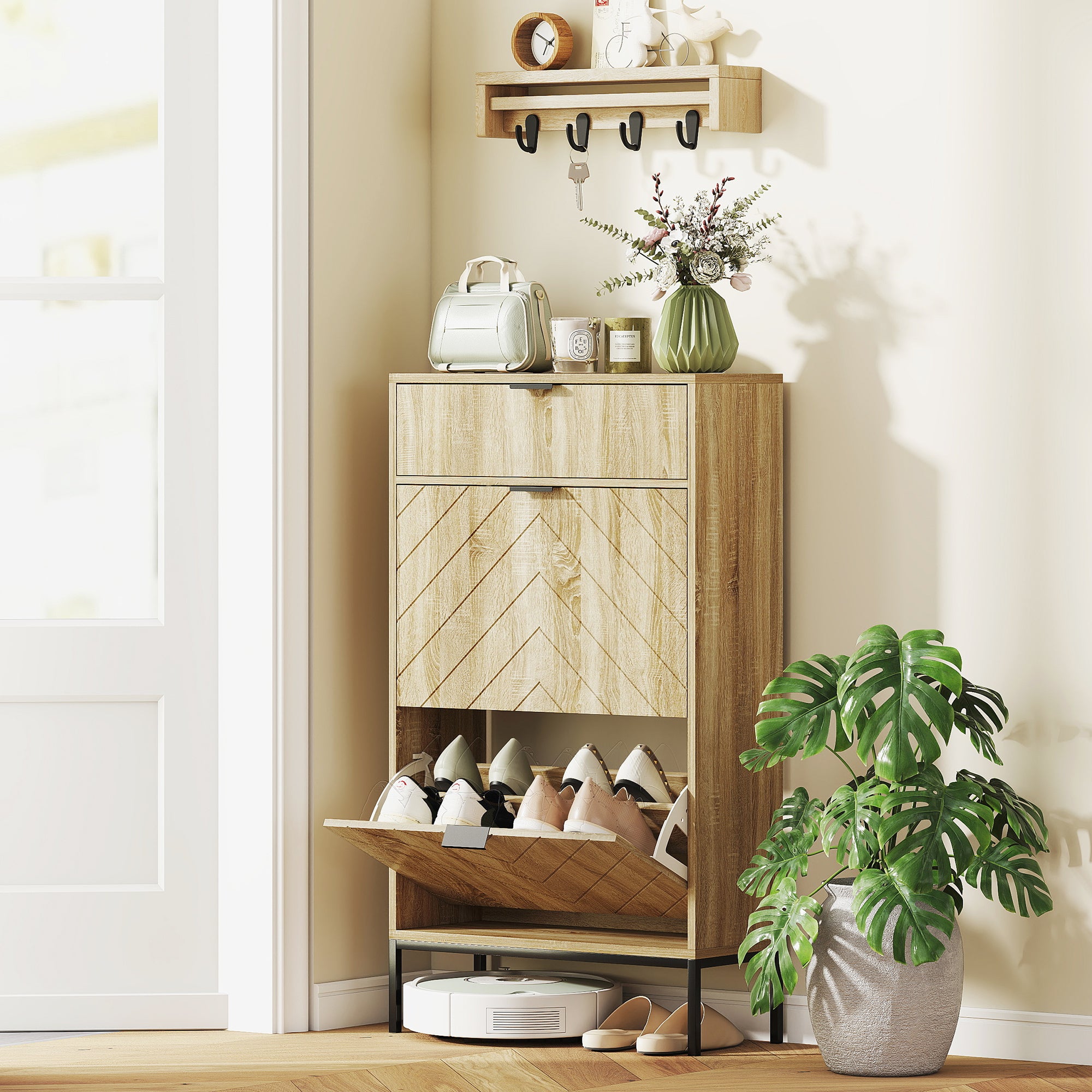 Narrow Shoe Storage Cabinet with Flip Drawers, Shoe Cabinet with Adjustable Shelves, Sliding Drawer, Holds 8 Pairs, Oak