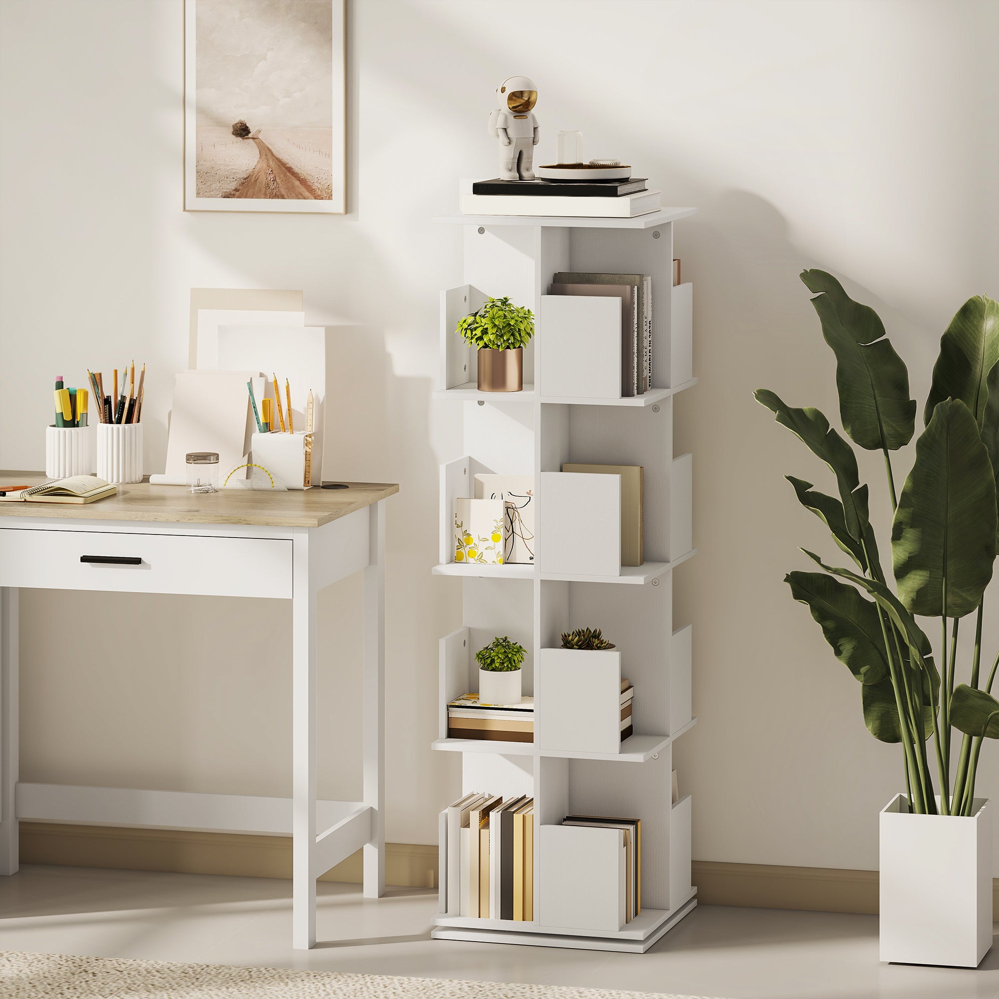 360° Rotating Bookcase, 4 Tier Bookshelf with 16 Cubbies for Small Space, Living Room, Bedroom, Study, White Wood Grain