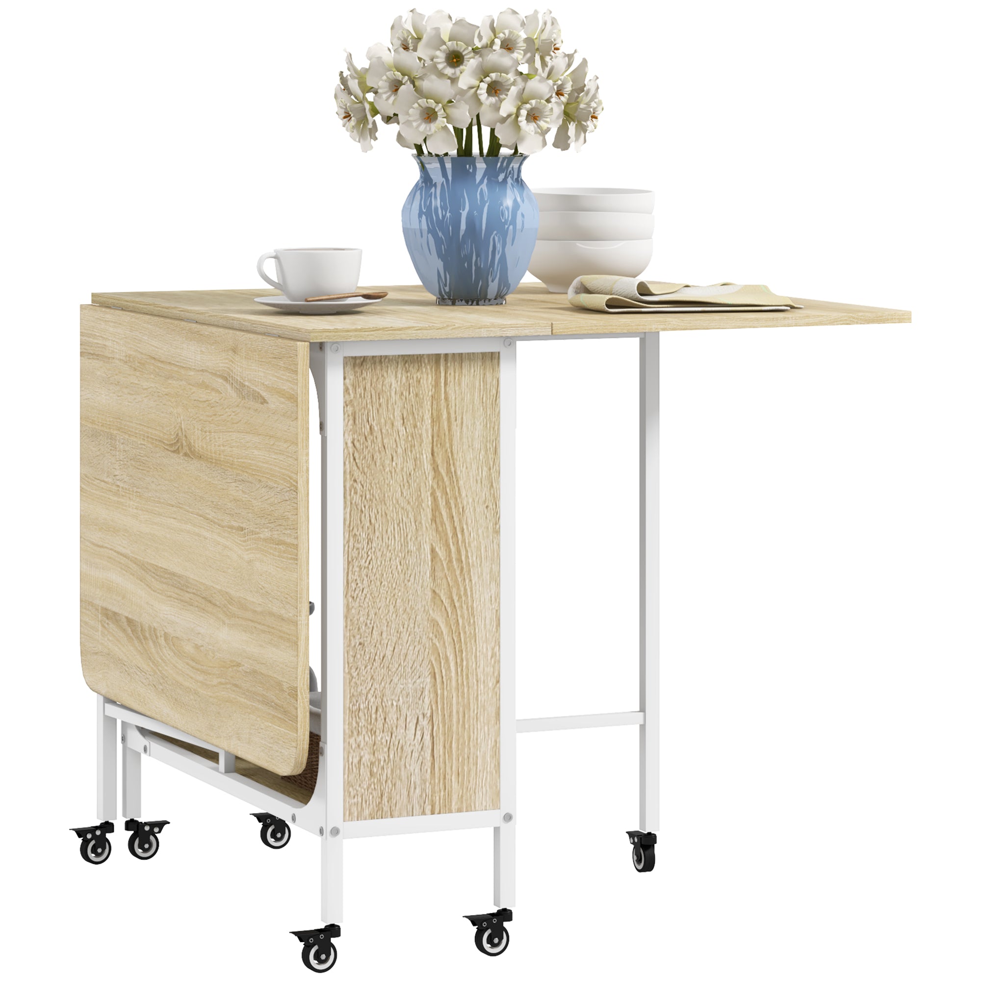 Folding Dining Table, Extendable Kitchen Table for Small Spaces with Storage Shelf and 6 Wheels, Natural Wood