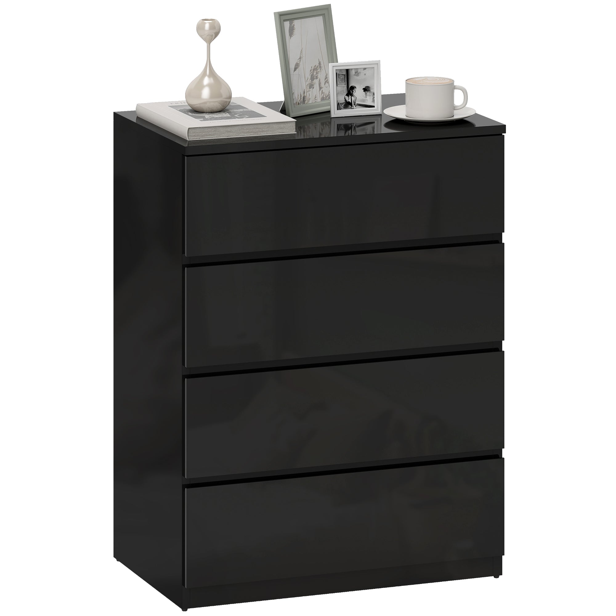 4 Drawer Cabinet, High Gloss Drawer Chest for Bedroom, Chest of Drawers with Metal Runners and Groove Handles, Black