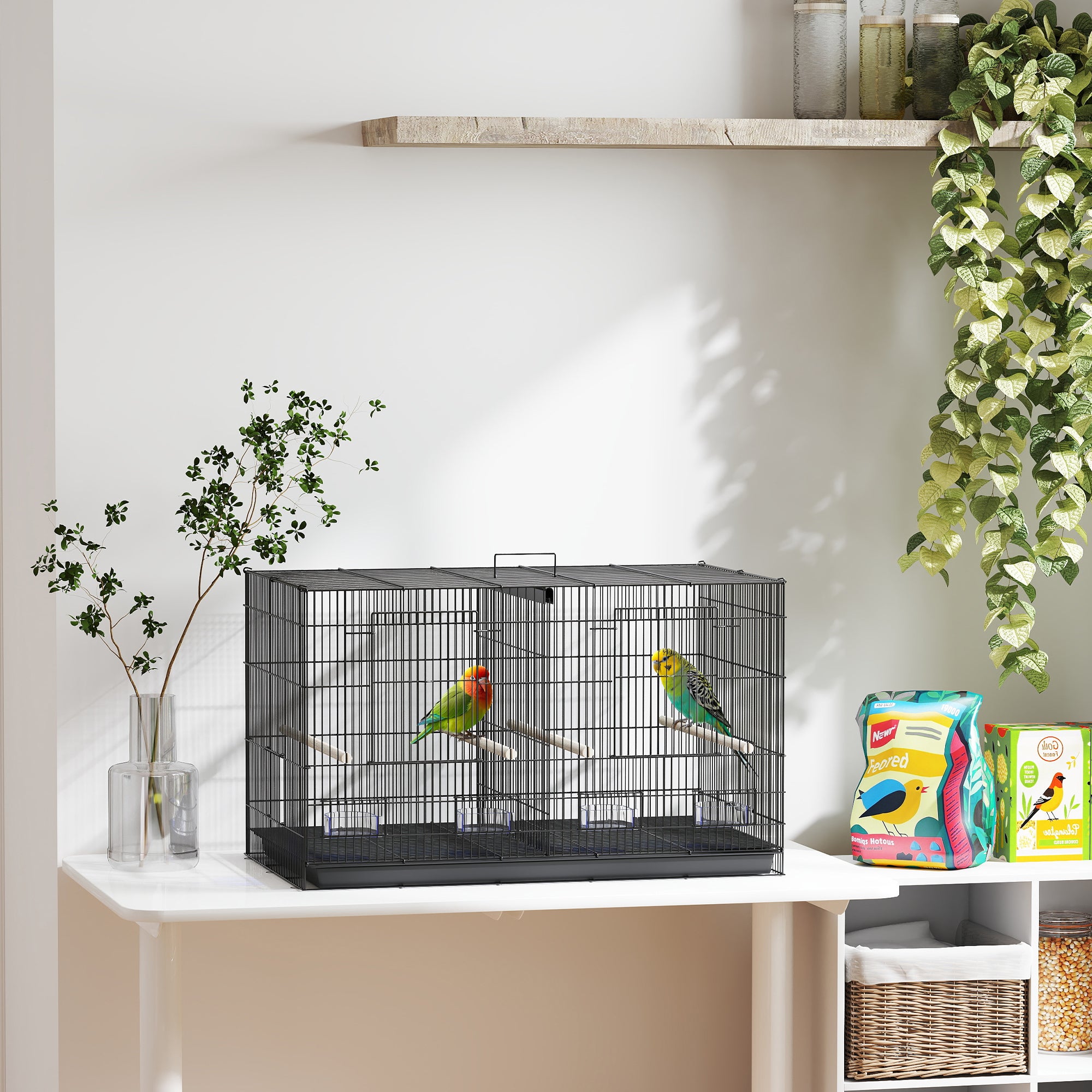 18" H Bird Cage, Large Parakeet Cage for Budgie, Lovebird, Canary, Finches with Divider, Black
