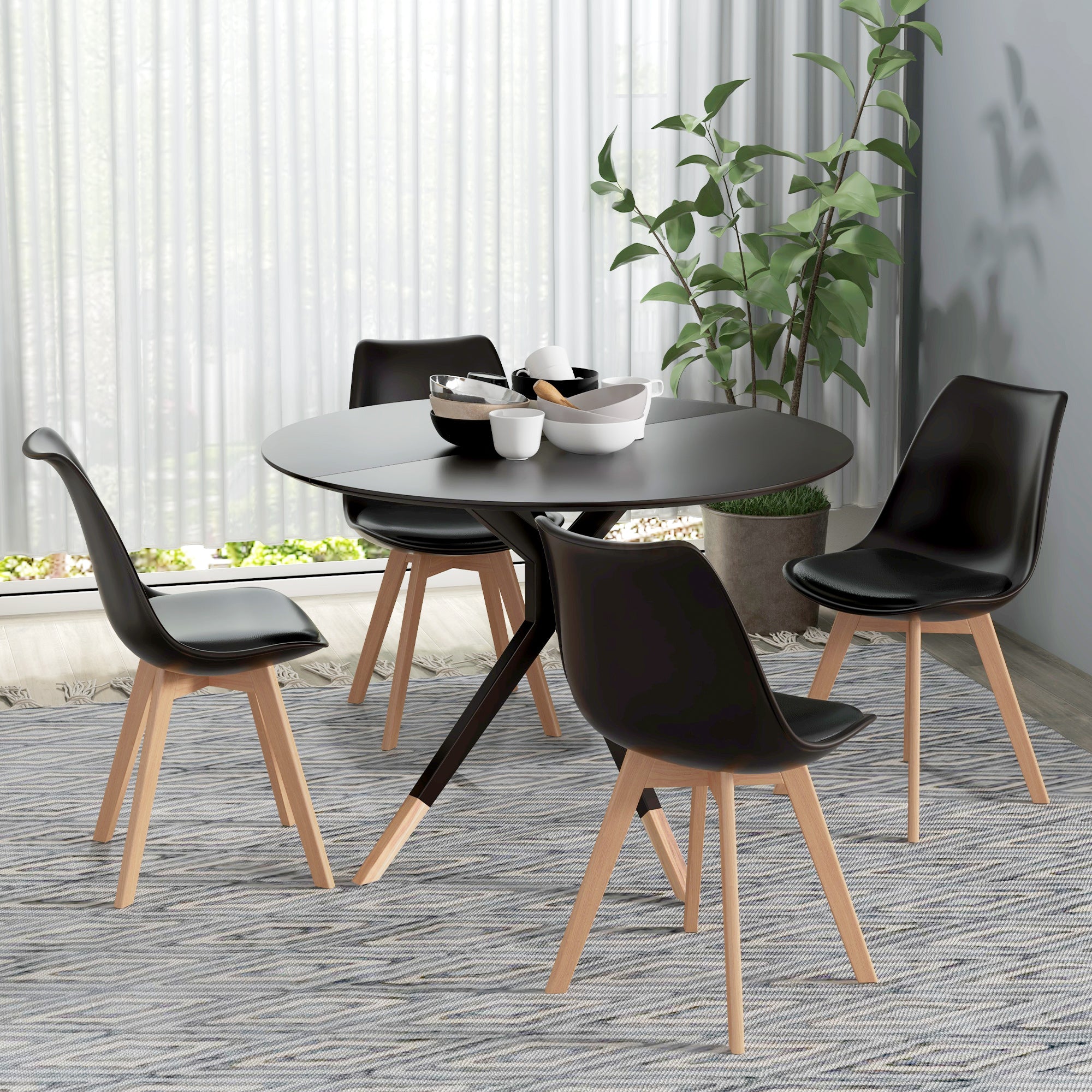 Modern Dining Table Chairs Set of 4, Rubber Wood Kitchen Table Chairs with PU Leather Cushion for Living Room, Bedroom