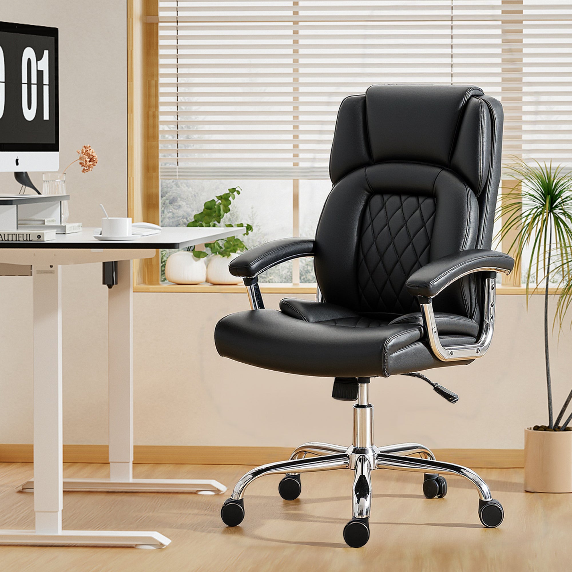 Big and Tall Office Chair 400 lbs, Desk Chair with Spring Cushion, PU Leather, High Back, Swivel Wheels, Black