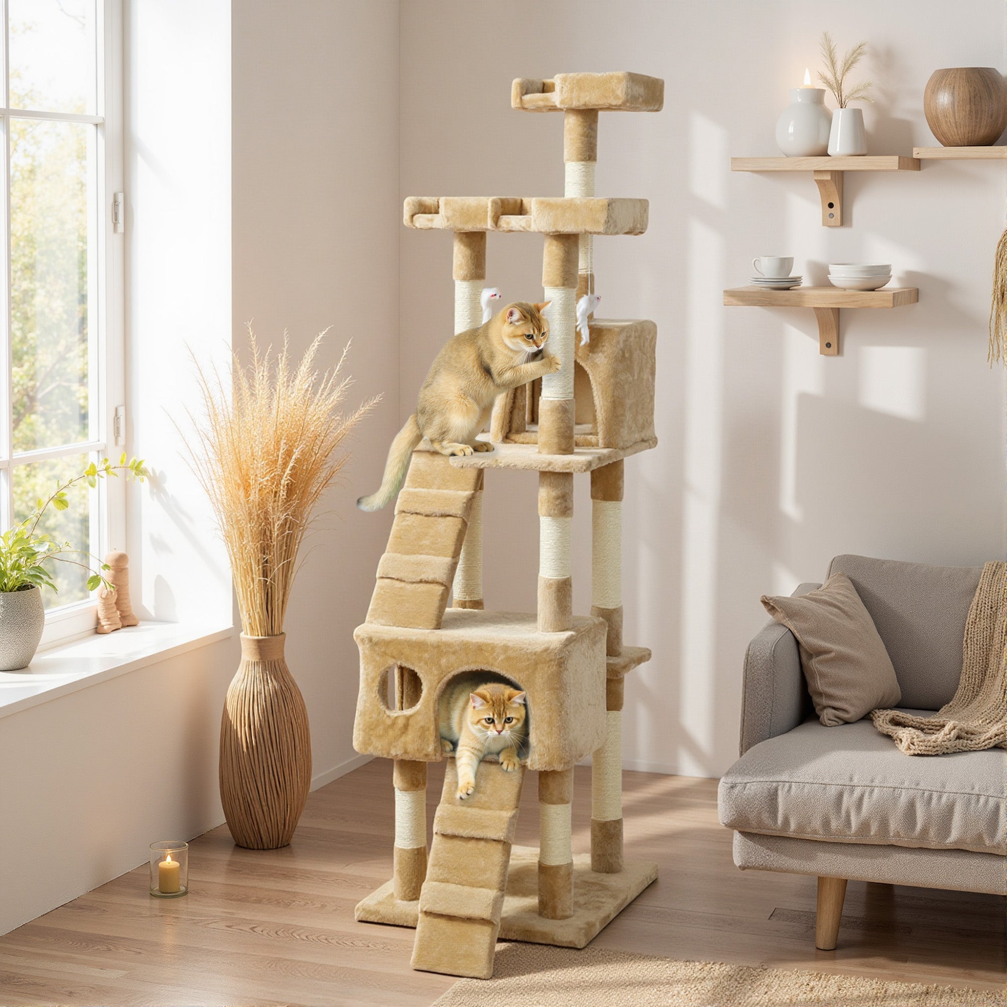 68-inch Multi-Level Cat Scratching Tree Kitty Activity Center Post Tower Condo Pet Furniture w/ Toy Light Brown