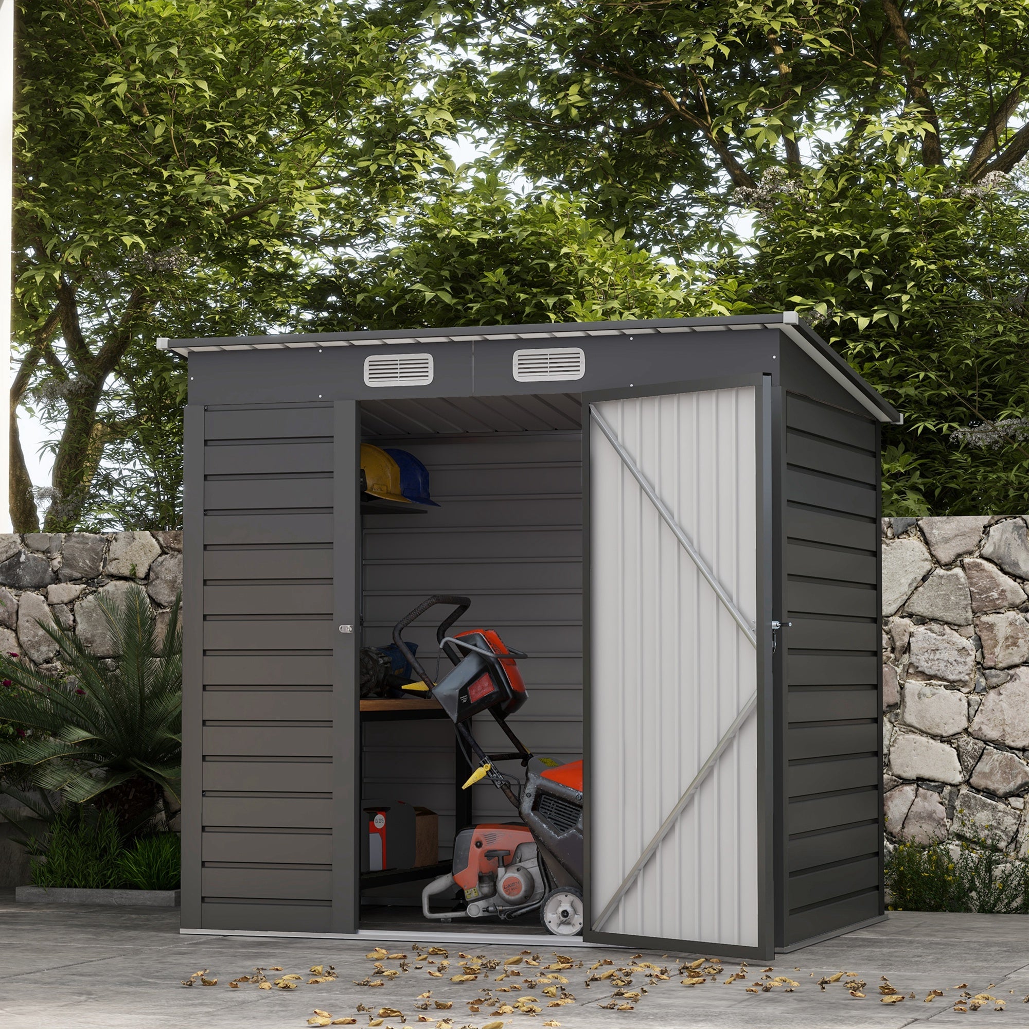6 x 4FT Galvanized Garden Storage Shed, Metal Outdoor Shed with Double Doors and 2 Vents, Grey