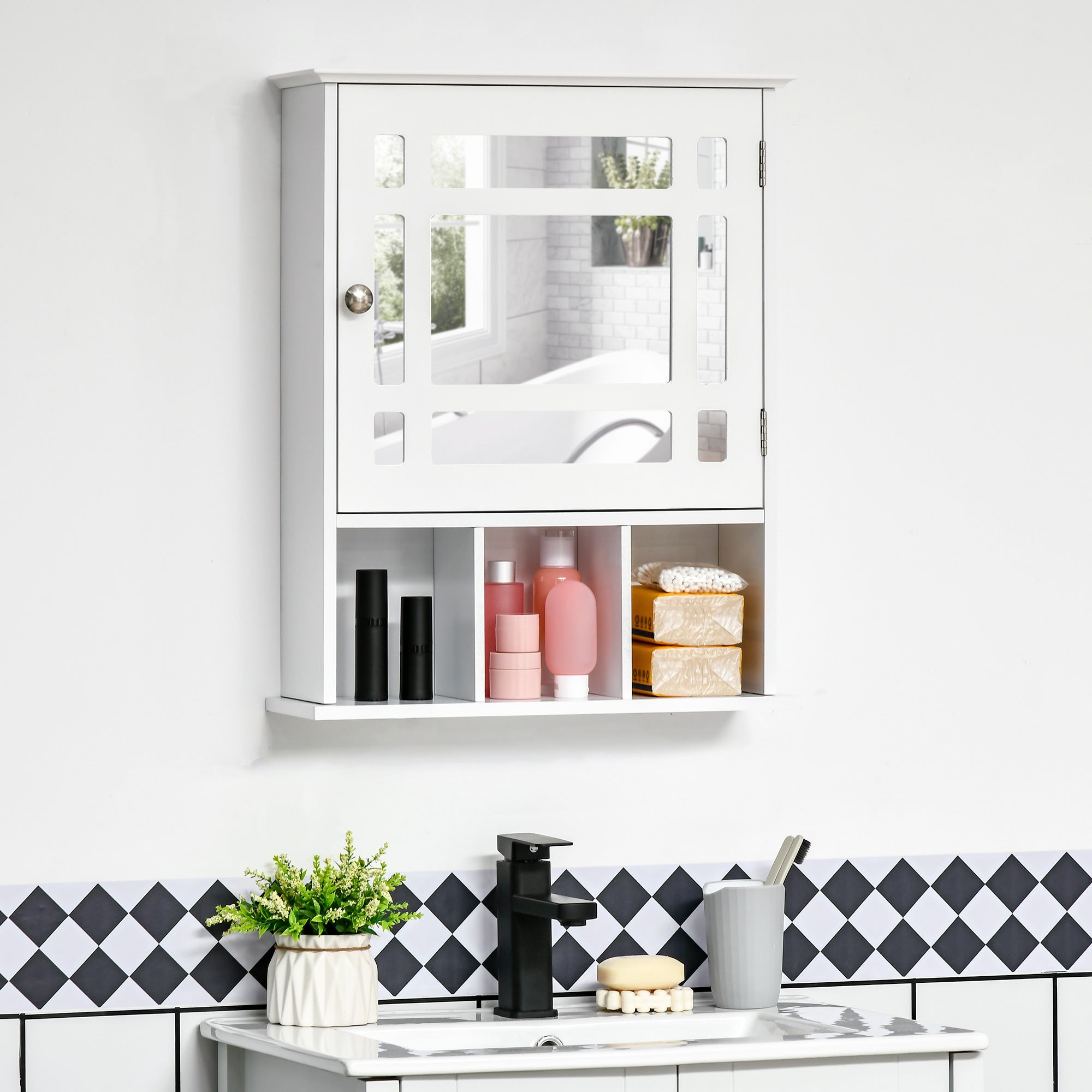 Bathroom Mirror Cabinet, Wall Mounted Medicine Cabinet, 3 Shelf Organizer for Kitchen, White