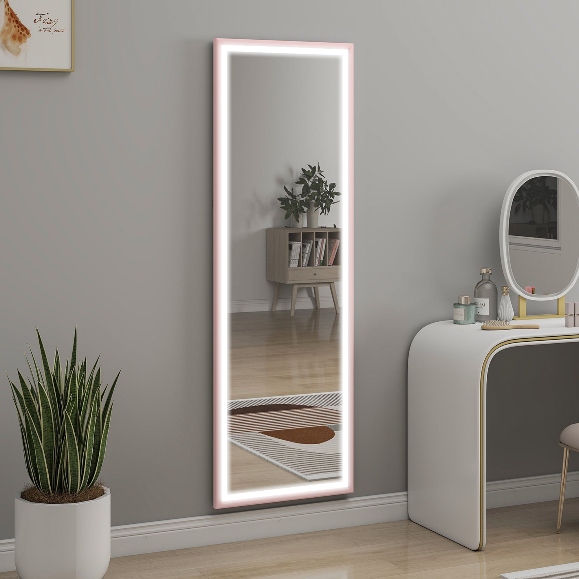 LED Mirror with Dimmable and 3 Colour Lights, 64" x 21" Rectangular Full Body Mirror for Bedroom Living Room, Pink