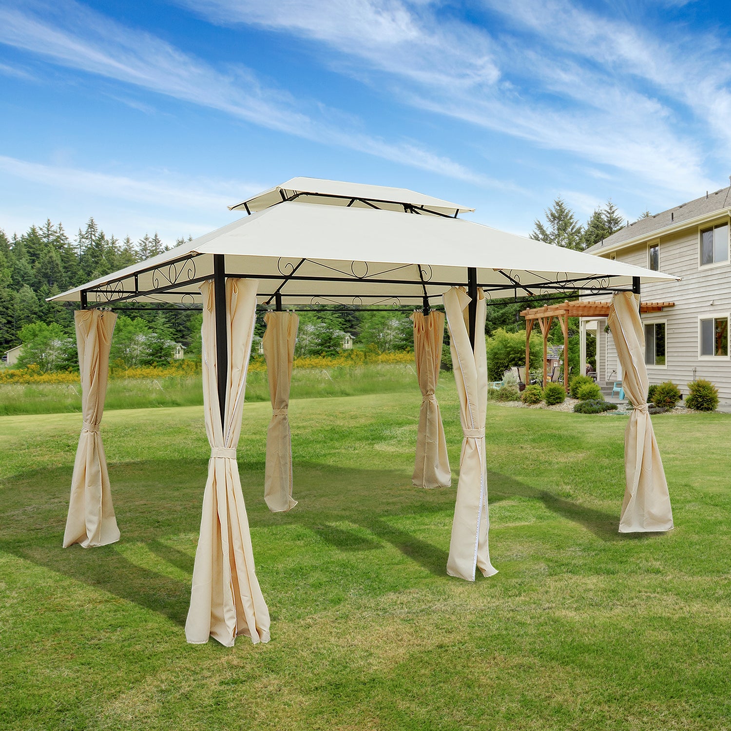 13' x 10' Soft-top Gazebo Patio Steel Canopy Portable Party Event with Double Canopy Roof, Curtains, Cream White