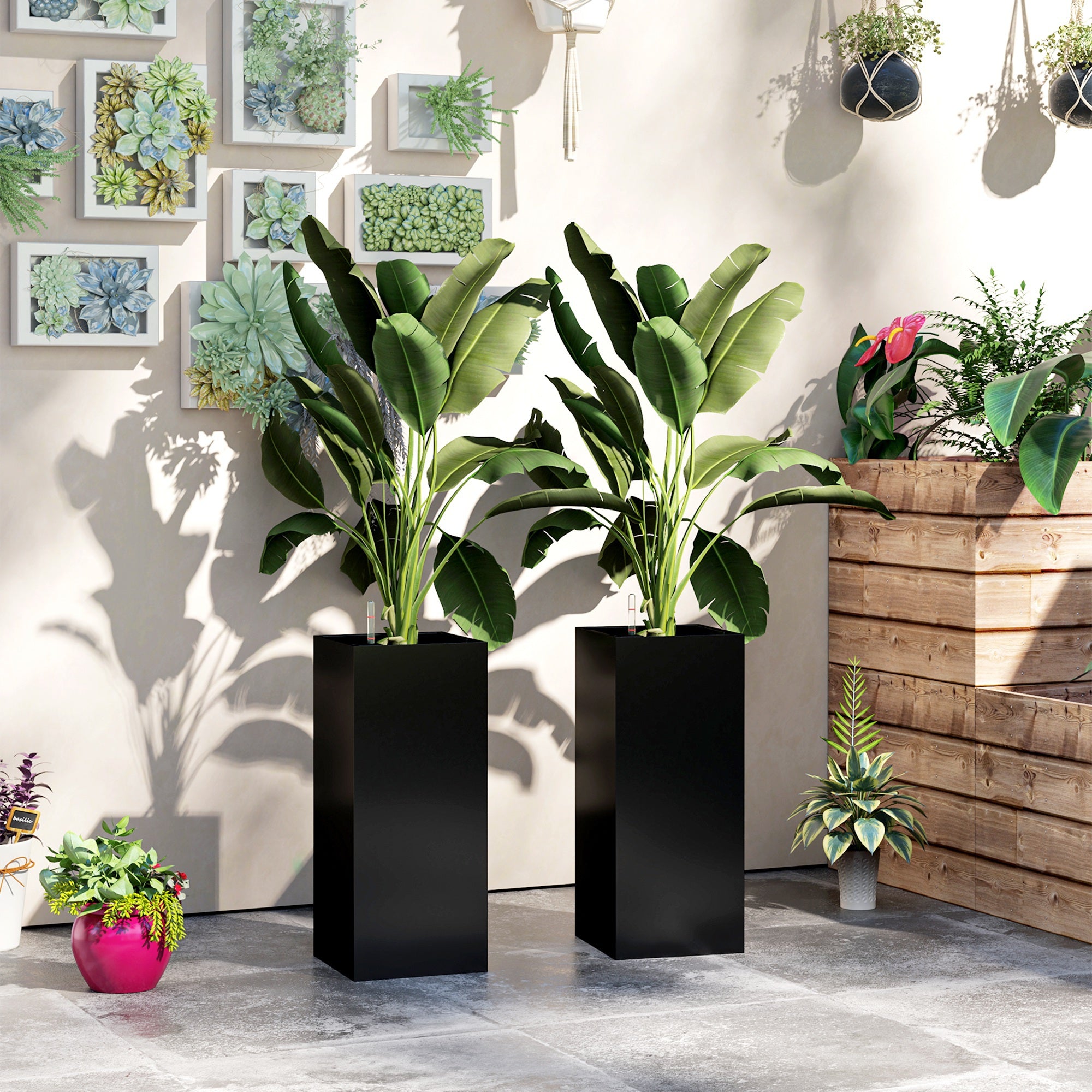 2 Pack Planter Box, 26 Inch Plastic Flower Pots with Water Level Indicator, Drainage Hole and Drain Plug, Black