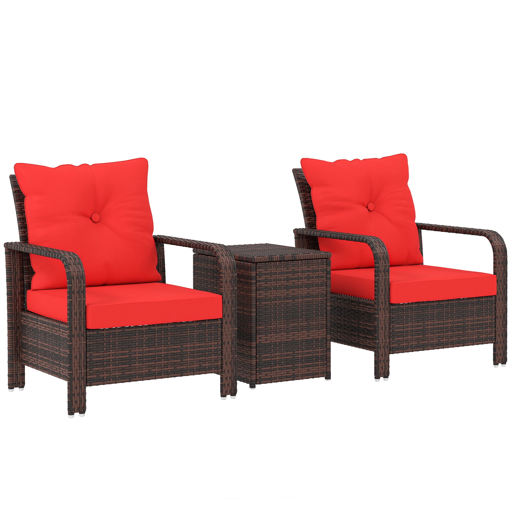 3 Pieces Wicker Patio Furniture Set, Rattan Bistro Set with Storage Coffee Table and Thickened Cushions, Outdoor Conversation Set for Garden, Porch, Balcony, Red