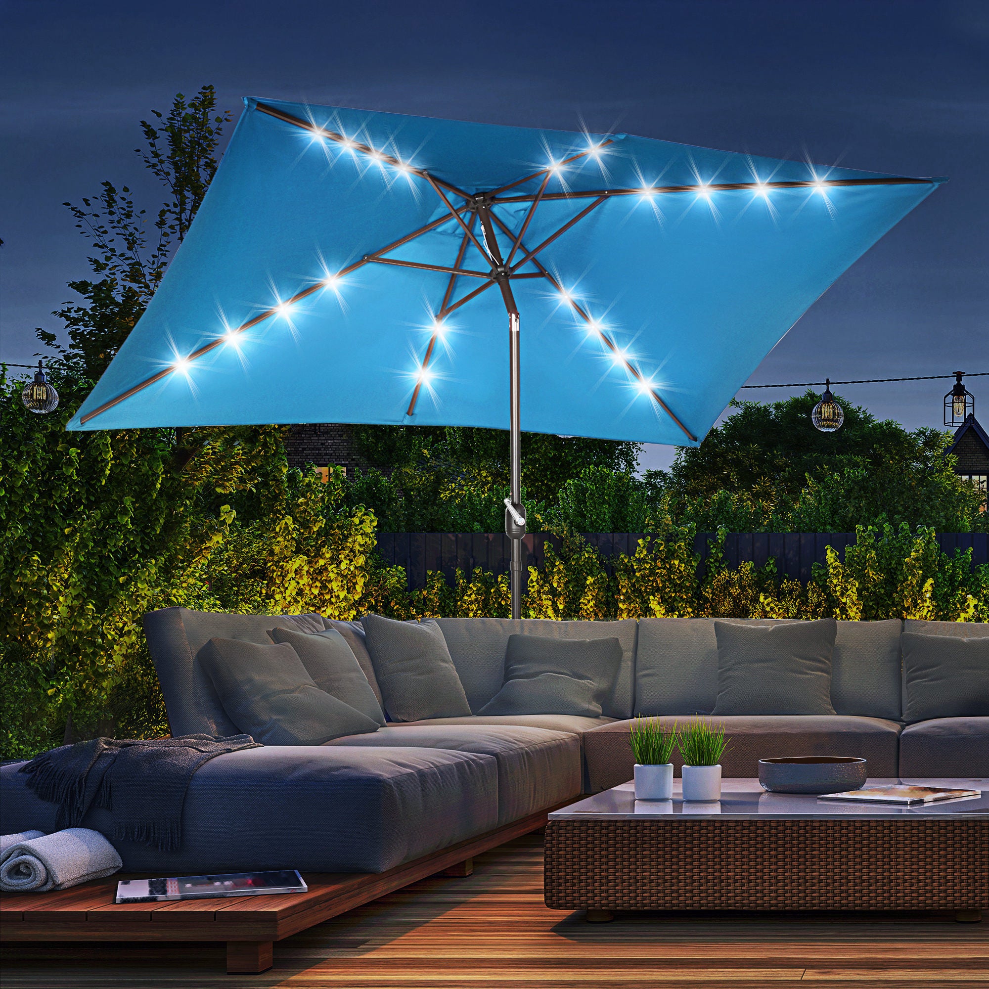6.5x10ft Patio Umbrella Rectangle Solar Powered Tilt Aluminum Outdoor Market Parasol with LEDs Crank (Turquoise)