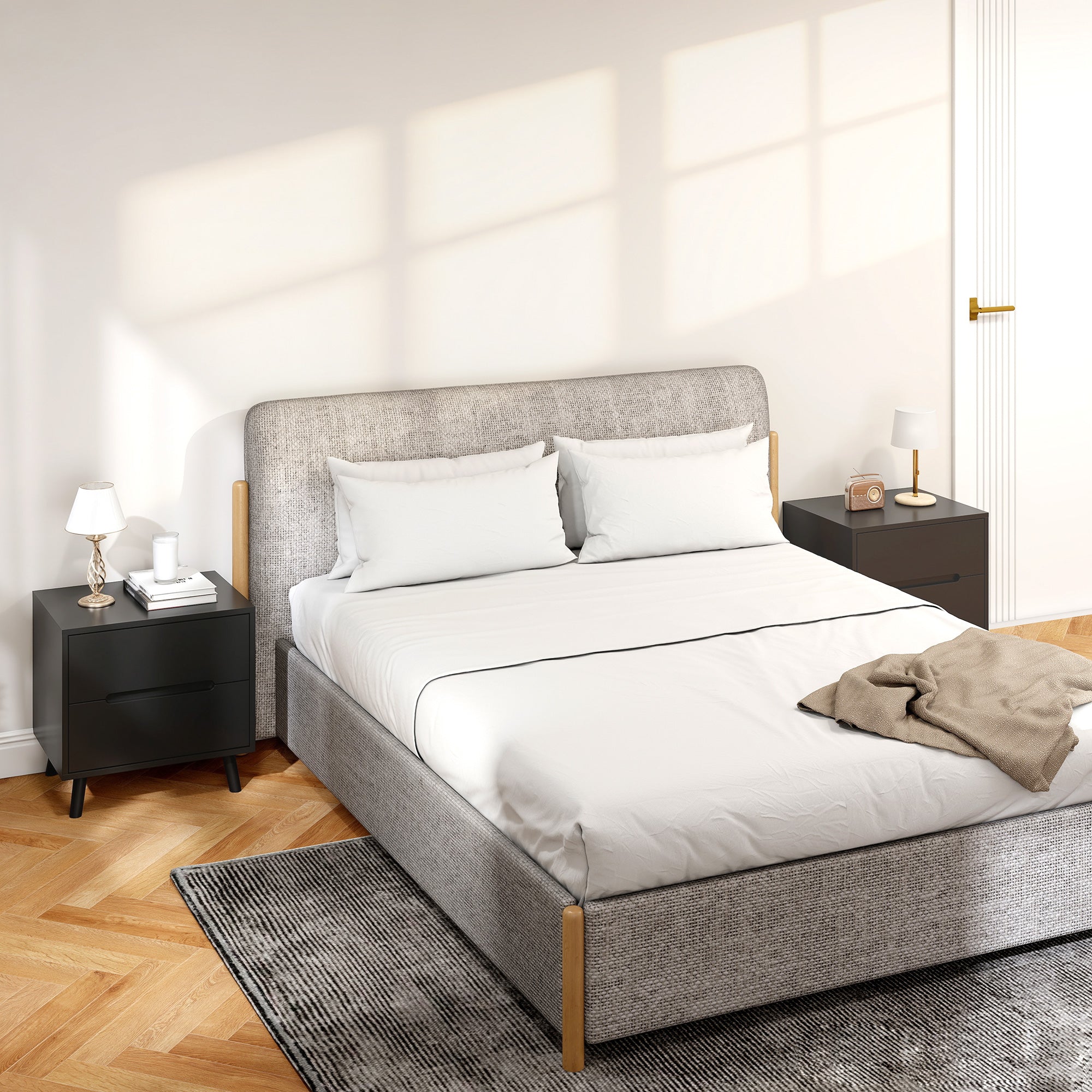 Nightstands Set of 2, Bedside Table with 2 Drawers, Modern Side End Table with Solid  Wood Legs for Bedroom, Black