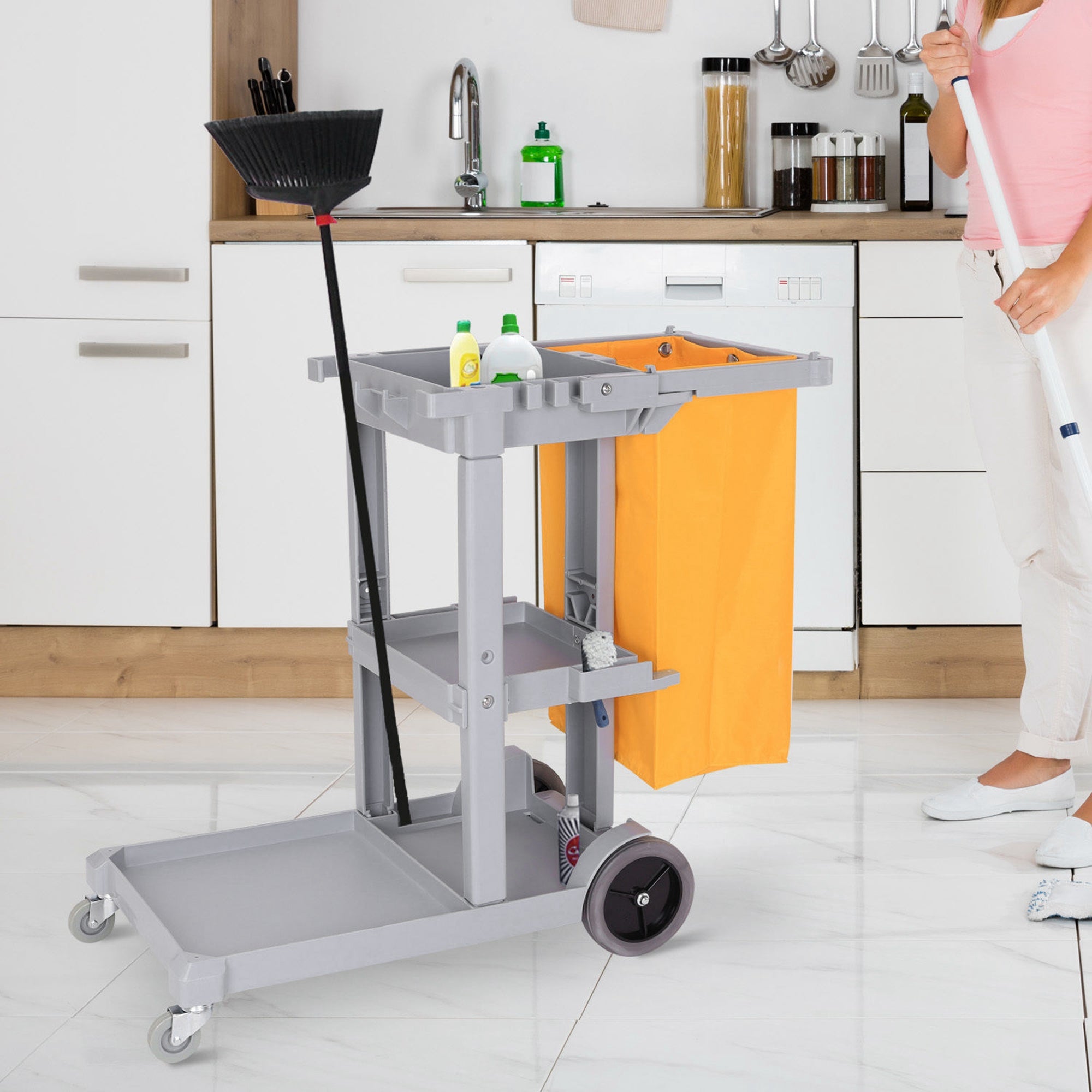 Janitorial Cart with 3 Shelves, Cleaning Cart on Wheels with Rubbish Bag and Mop Holders for Hotel, Housekeeping, Grey