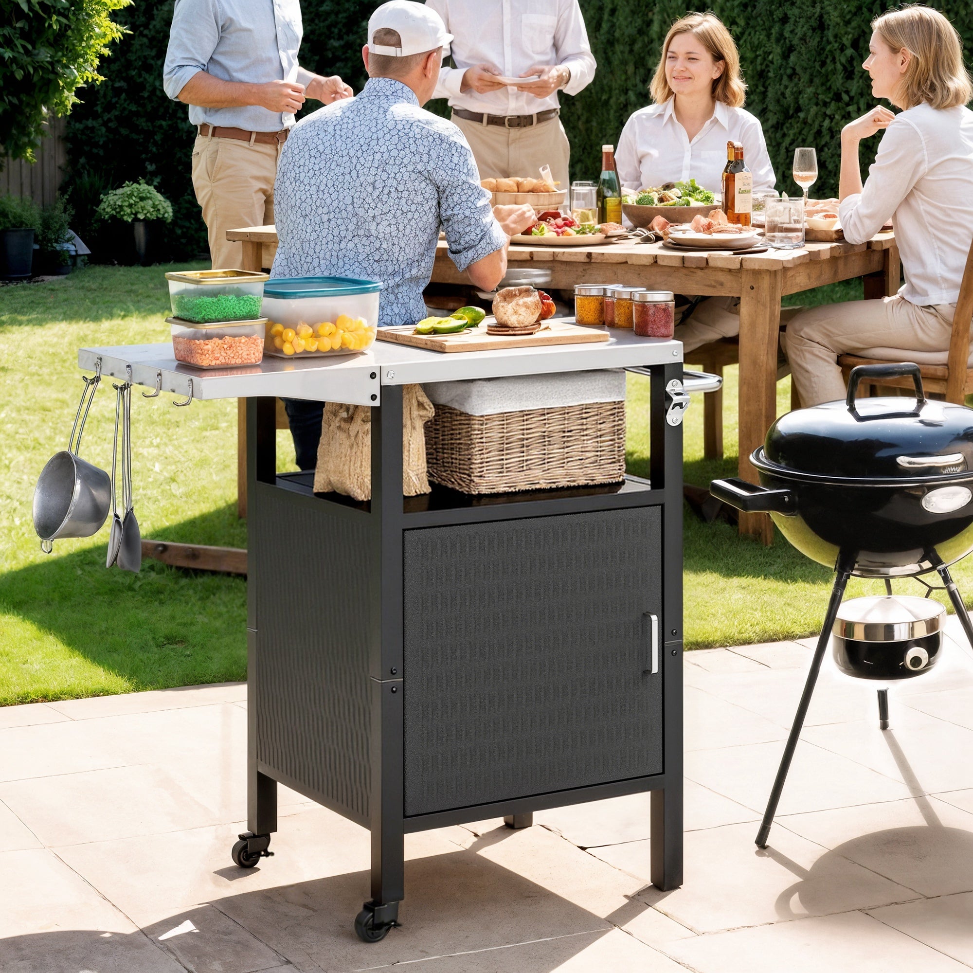 Outdoor Grill Dining Cart with Stainless Steel Top, Pizza Oven Stand Table with Foldable Side Table, Silver