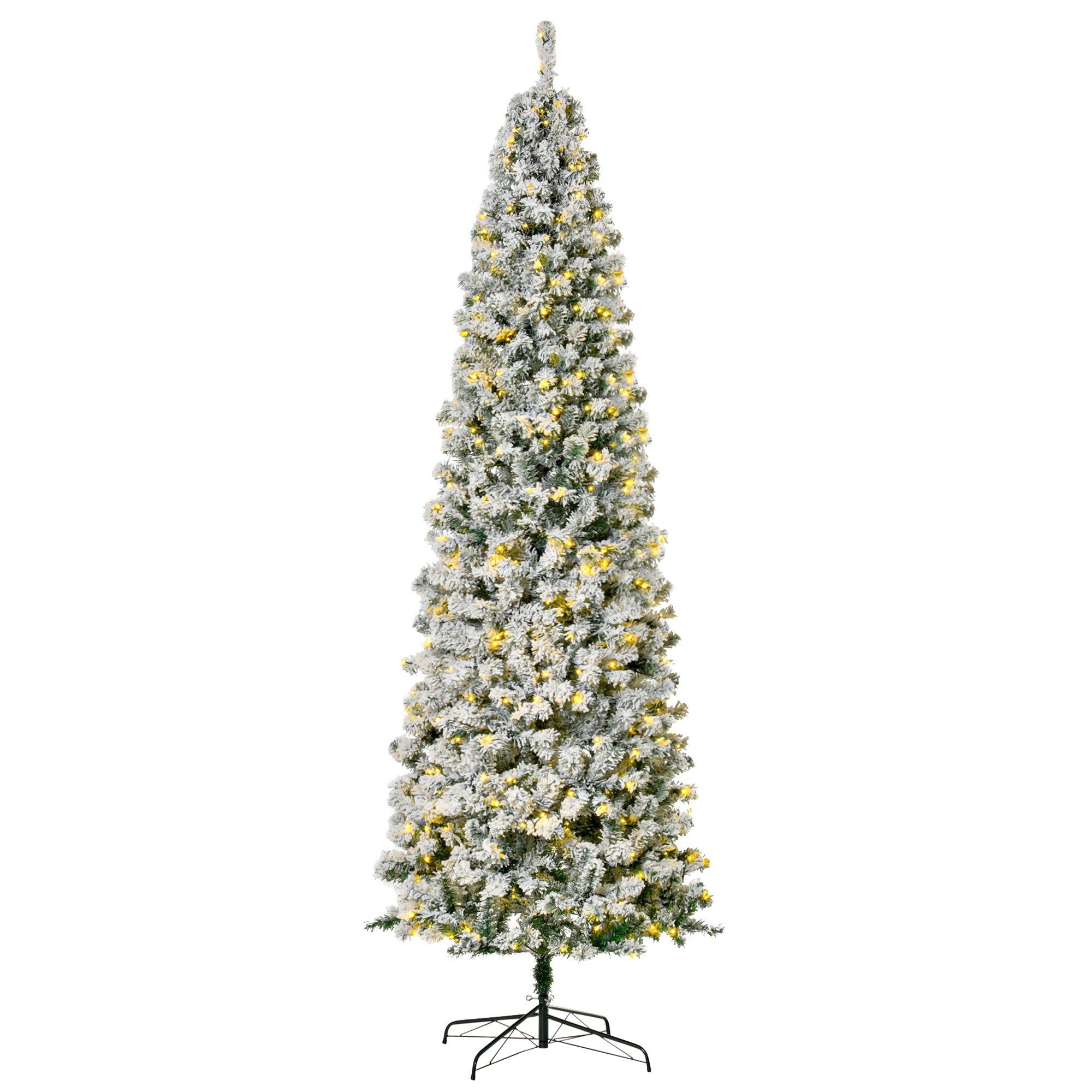 9ft Pre Lit Christmas Tree Artificial Snow Flocked Pencil Christmas Tree with Warm White LED Light, Holiday Home Xmas Decoration, Green