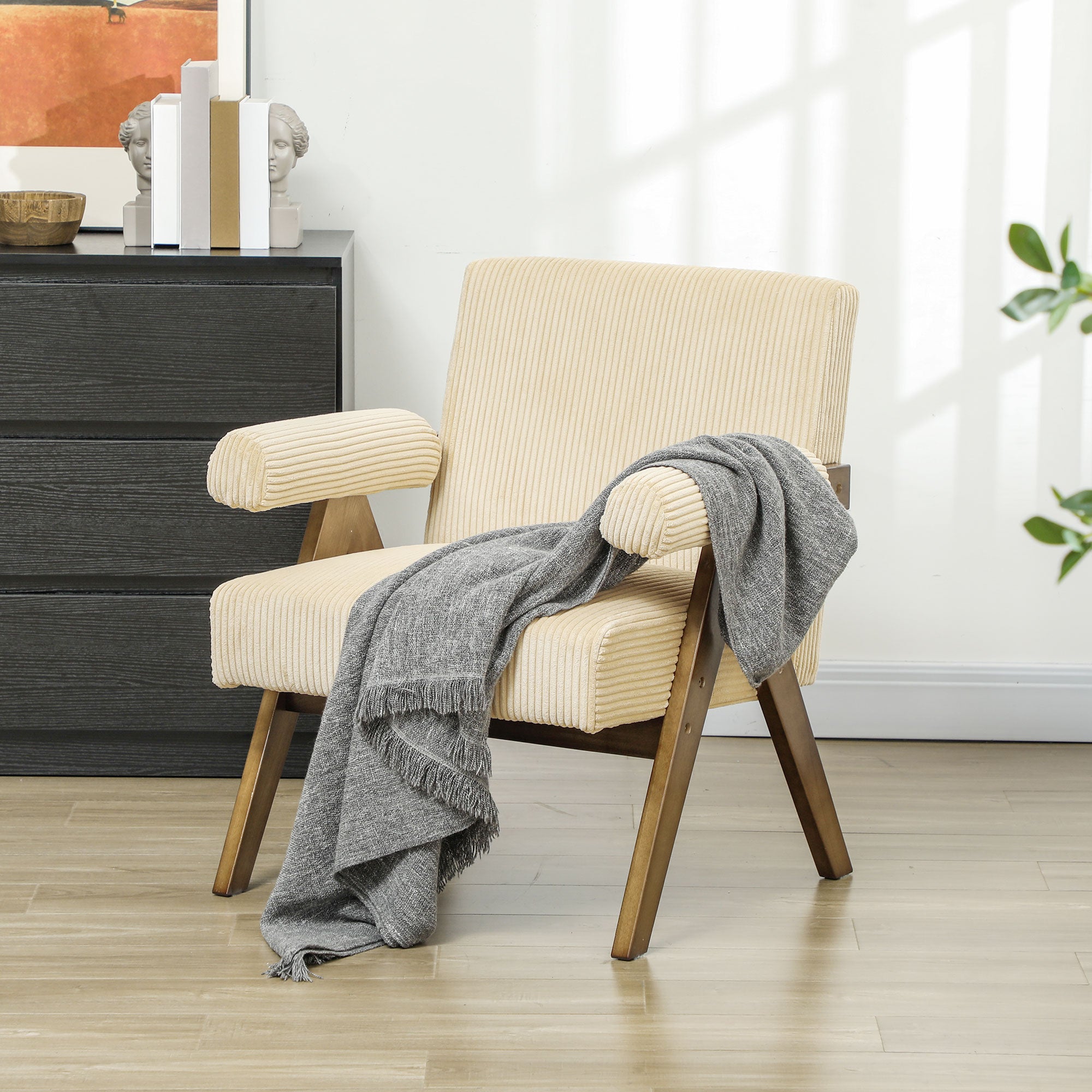 Corduroy Accent Chair Armchair with Wide Seat and Soft Padded Armrests for Reading, Bedroom, Beige