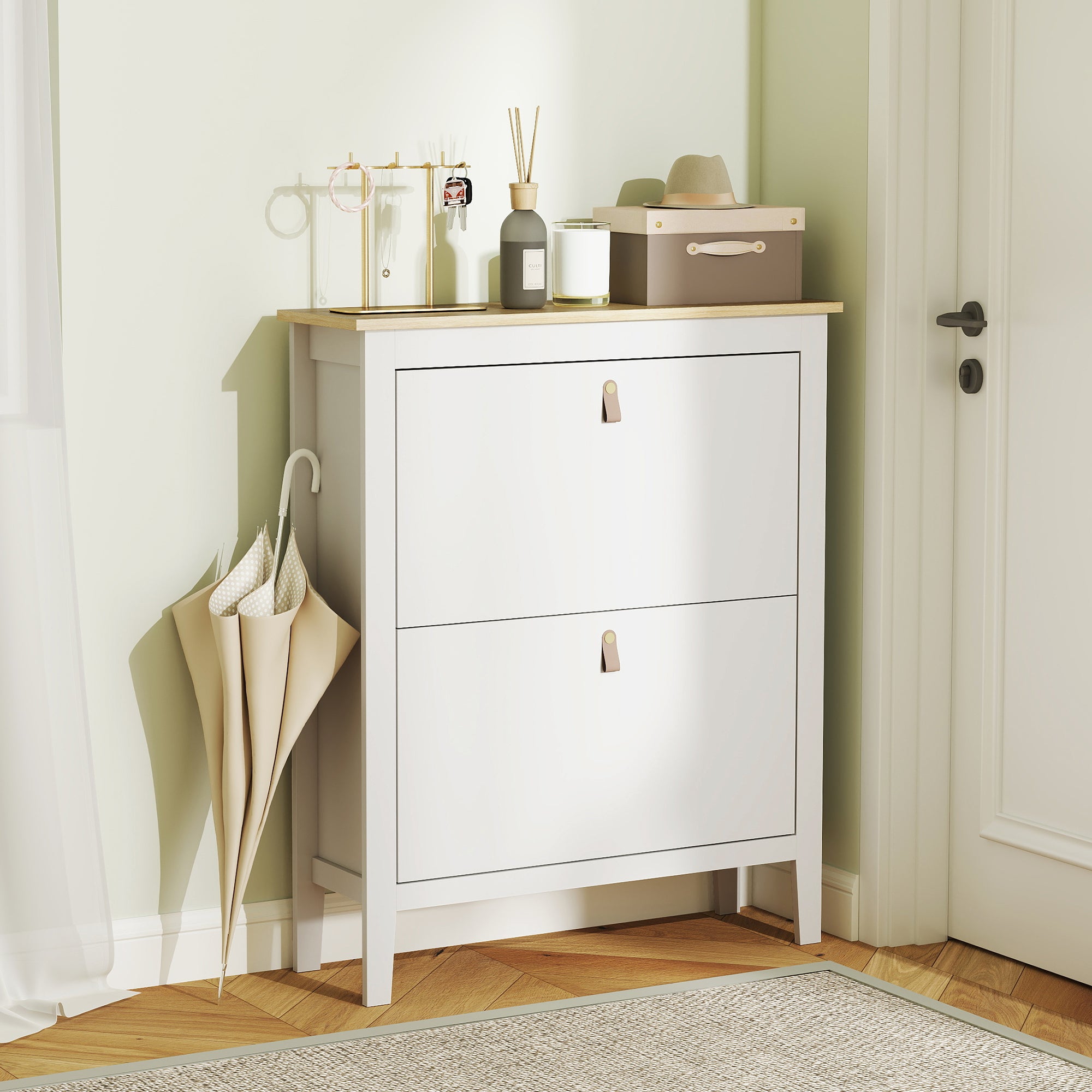 Narrow Shoe Cabinet with 2 Flip Drawers, Adjustable Shelves for Entryway, Holds 10-14 Pairs, White