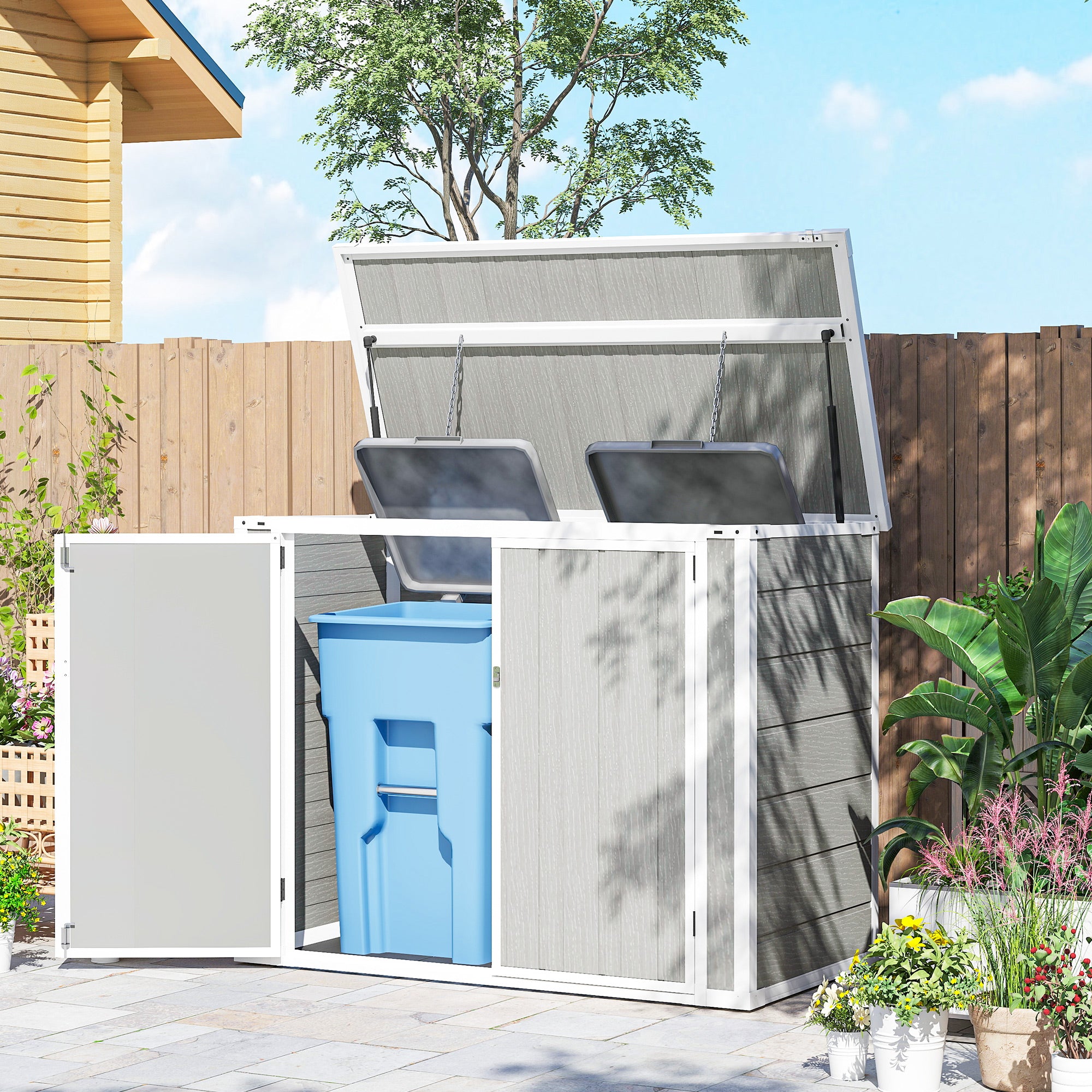 41 Cu. Ft. Outdoor Storage Shed, Outdoor Horizontal Trash Can Storage with Chain Lid, Lockable Storage Box, Light Grey