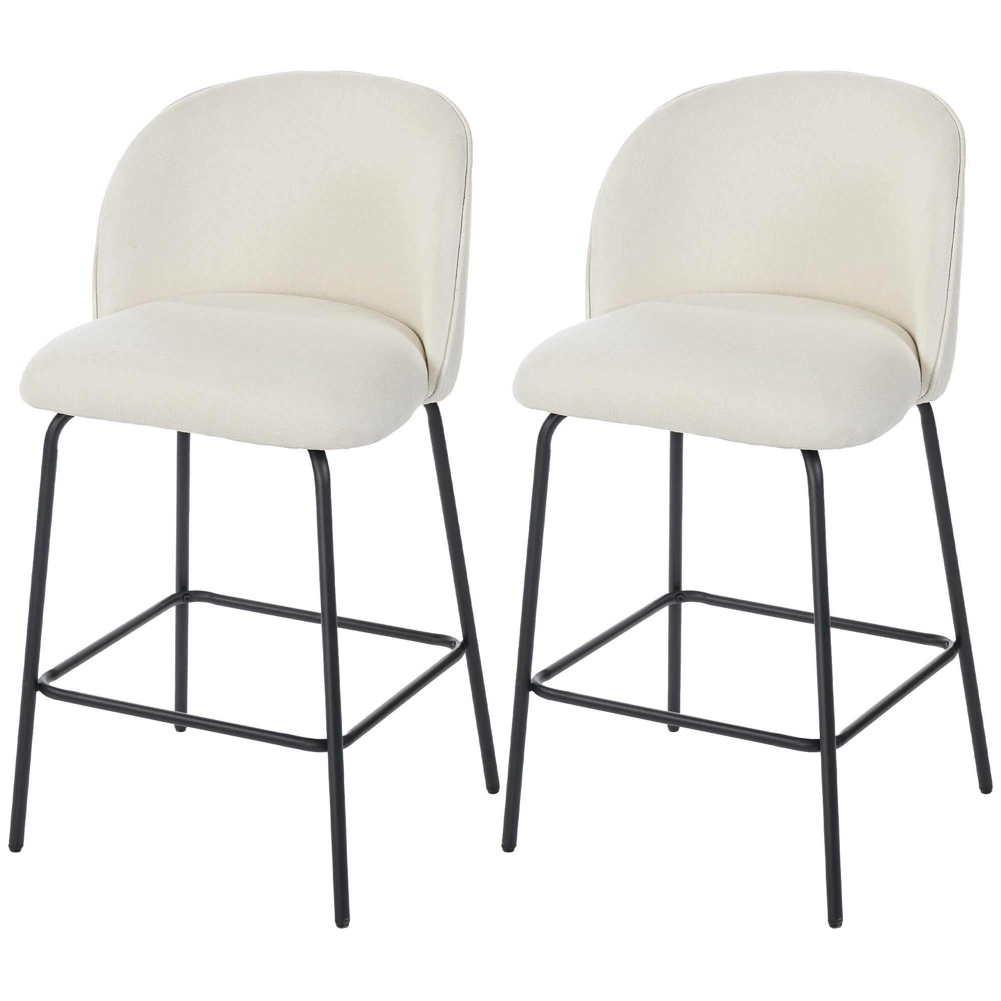Set of 2 Counter Height Barstools, Upholstered Linen Bar Stools with Backrest, Footrest and Steel Legs, Cream White