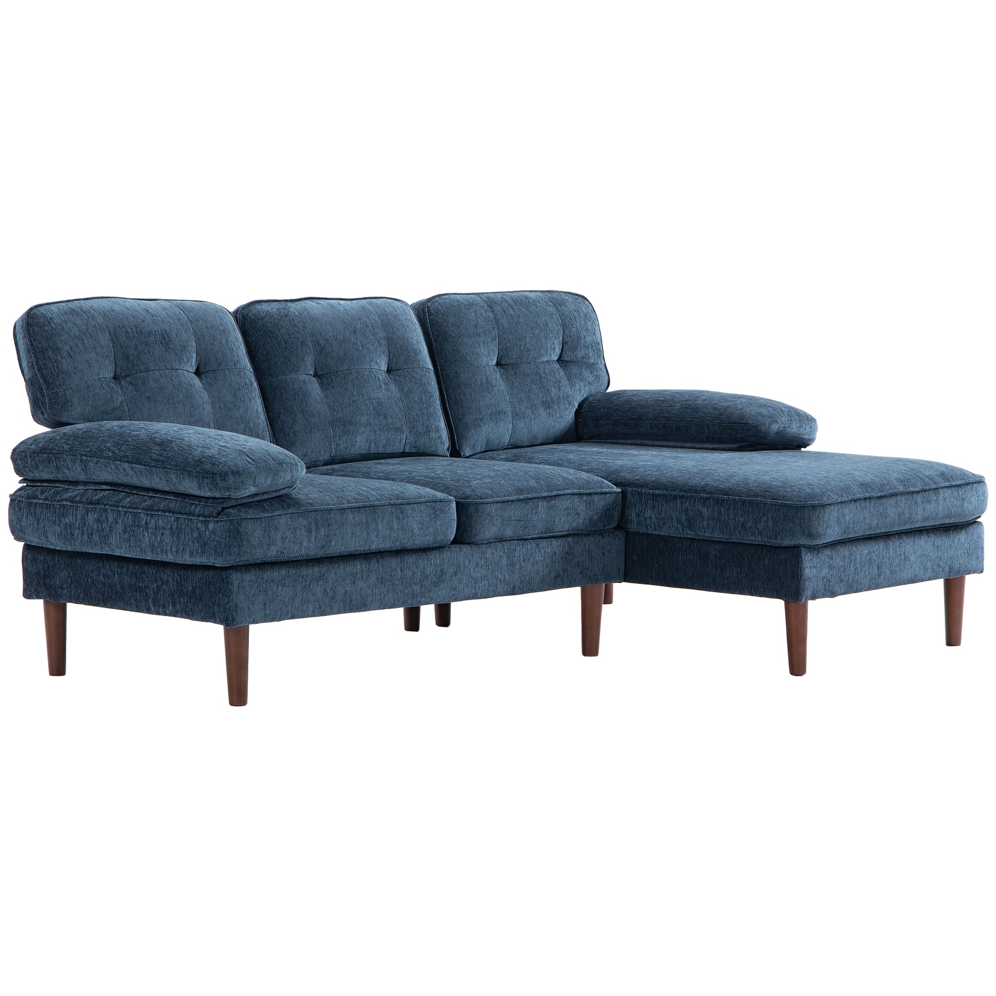 Modern Corner Couch with Right Chaise Lounge, Tufted 3-Seater Sofa with Wooden Legs for Living Room, Navy Blue