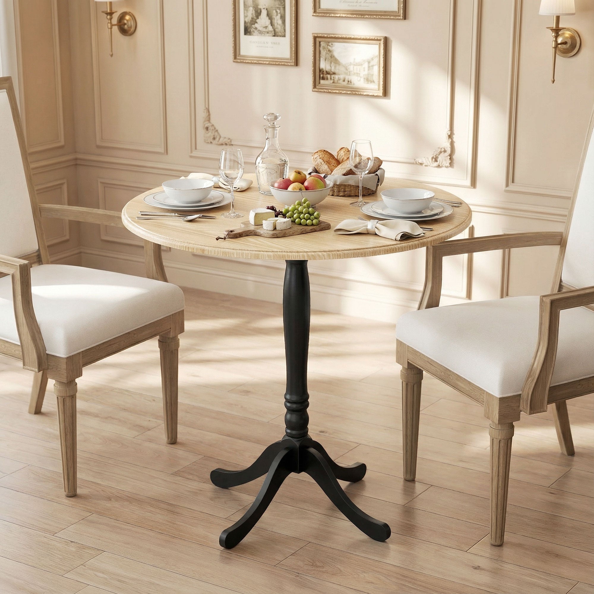 Dining Table for 2-4 People, Modern Round Kitchen Table with Pedestal Steel Base, 80cm, Natural Wood and Black
