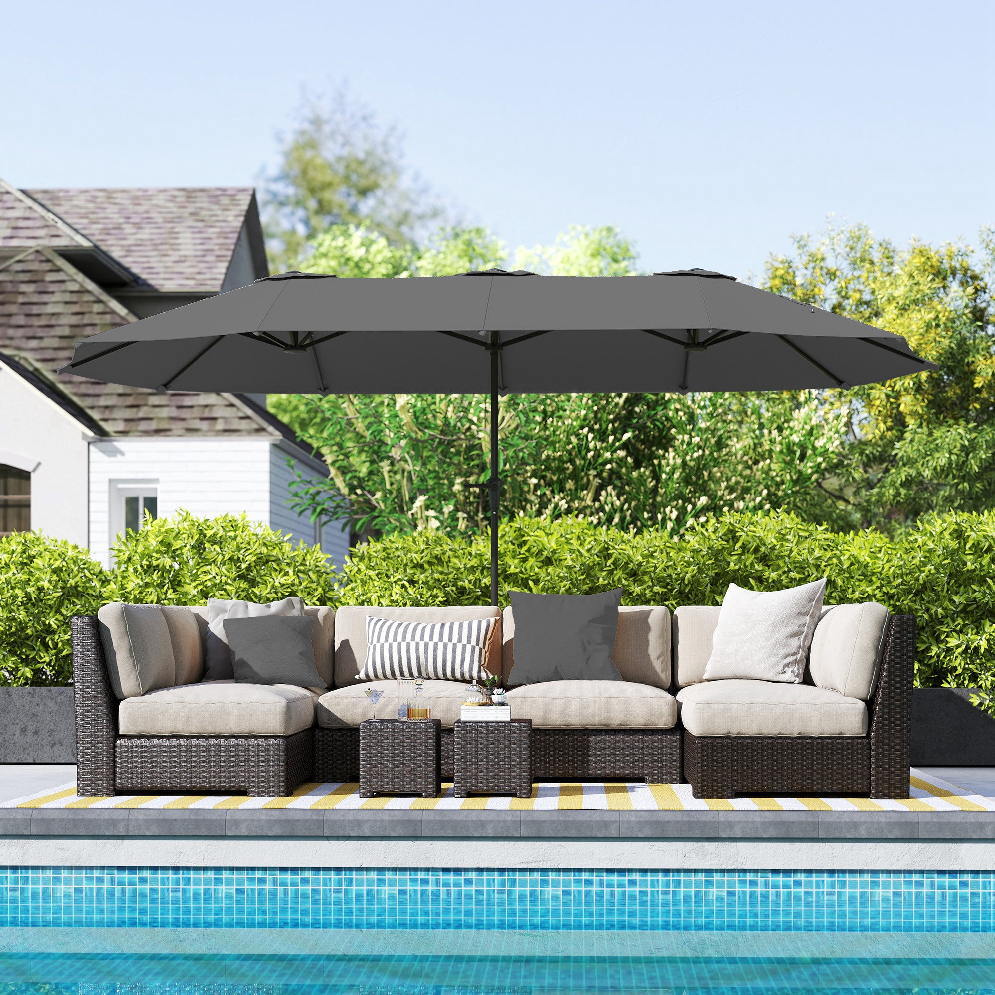13ft Double-Sided Patio Umbrella with Crank Handle, for Poolside, Deck, Garden, Light Grey