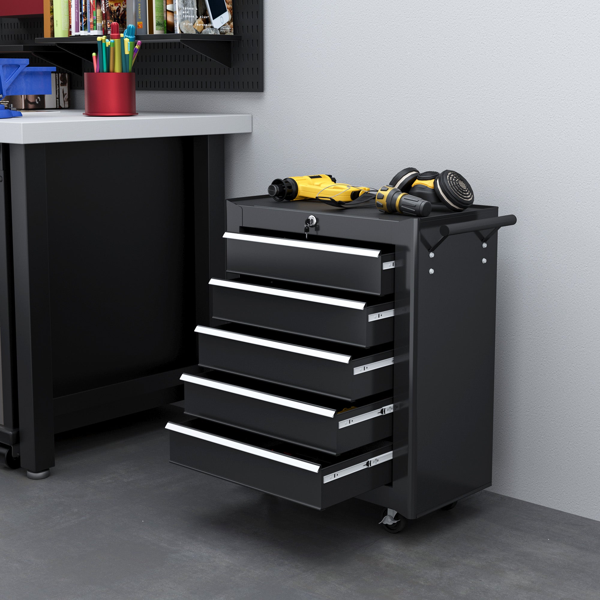 5 Drawer Roller Tool Chest, Mobile Lockable Toolbox, Storage Organizer with Handle for Workshop Mechanics Garage, Black