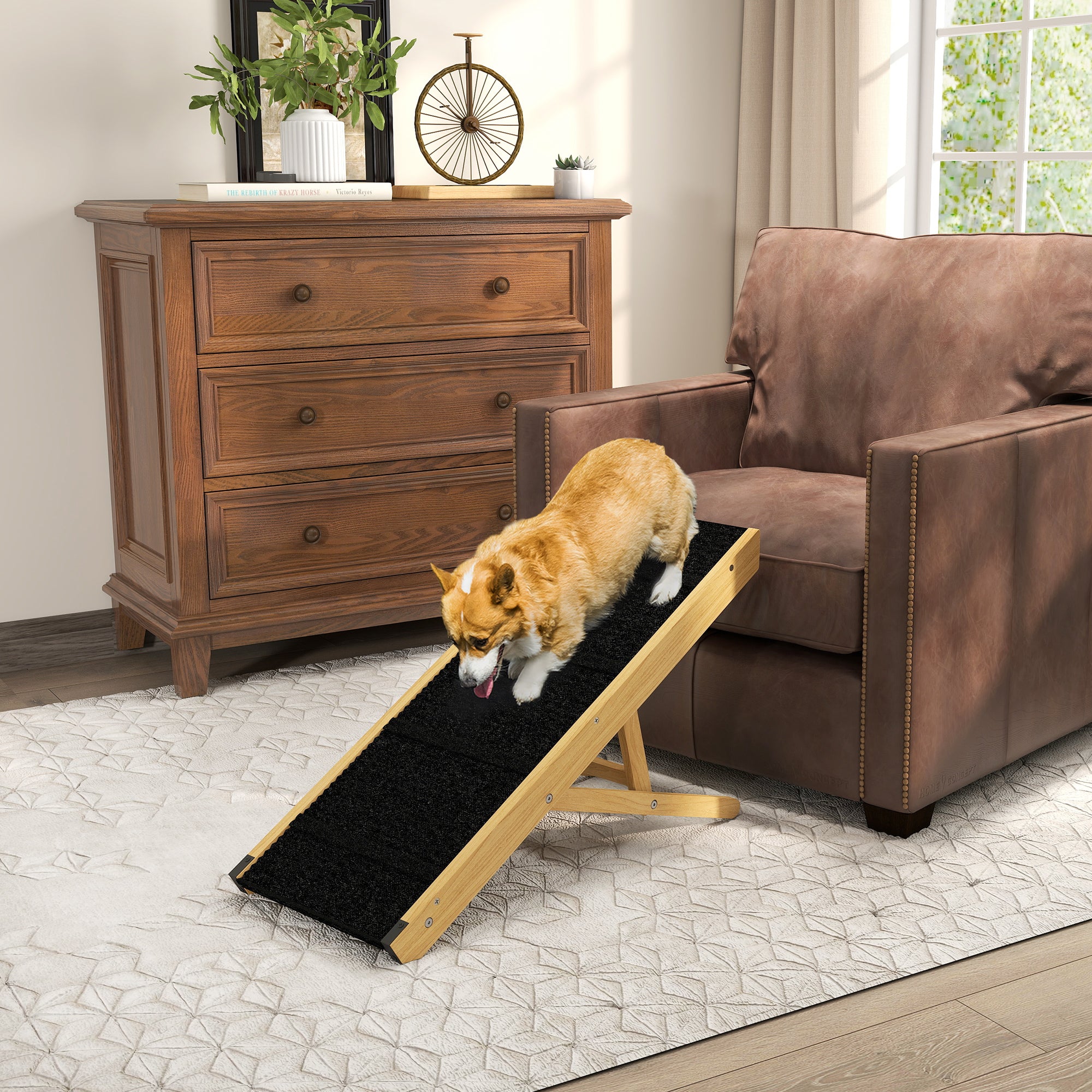 33" Foldable Dog Ramp with 4-Level Adjustable Height for Bed, Couch, for Small and Medium Dogs, Natural Wood