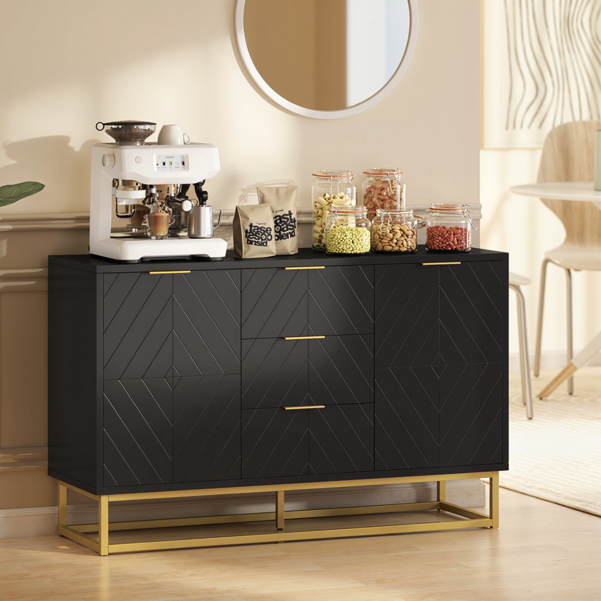 Sideboard Storage Cabinet with 3 Drawers, Adjustable Shelves and Doors, Kitchen Buffet Cabinet for Dining Room, Black