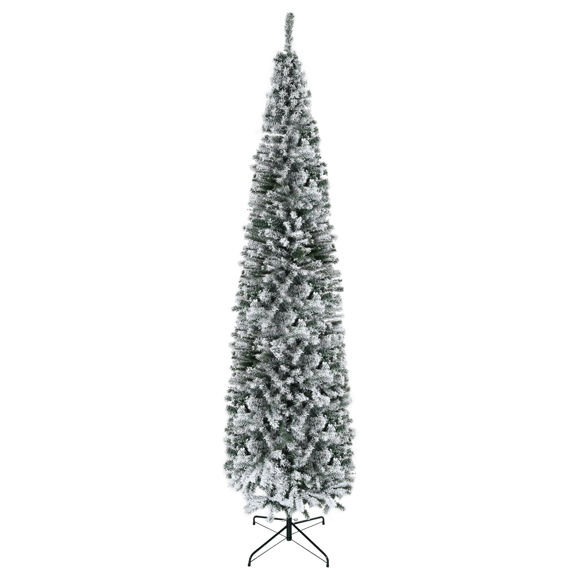 9ft Flocked Christmas Tree, Pencil Christmas Tree with Realistic Branch Tips, Folding Metal Stand, Green