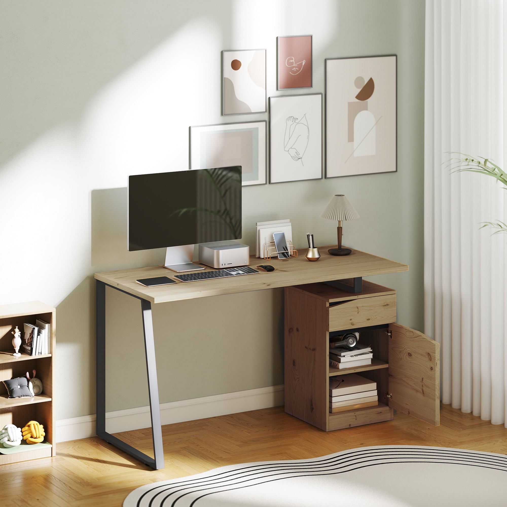 53 Inch Computer Desk, Writing Table with Cabinet, Drawer, Adjustable Shelf for Home Office Study, Natural Wood