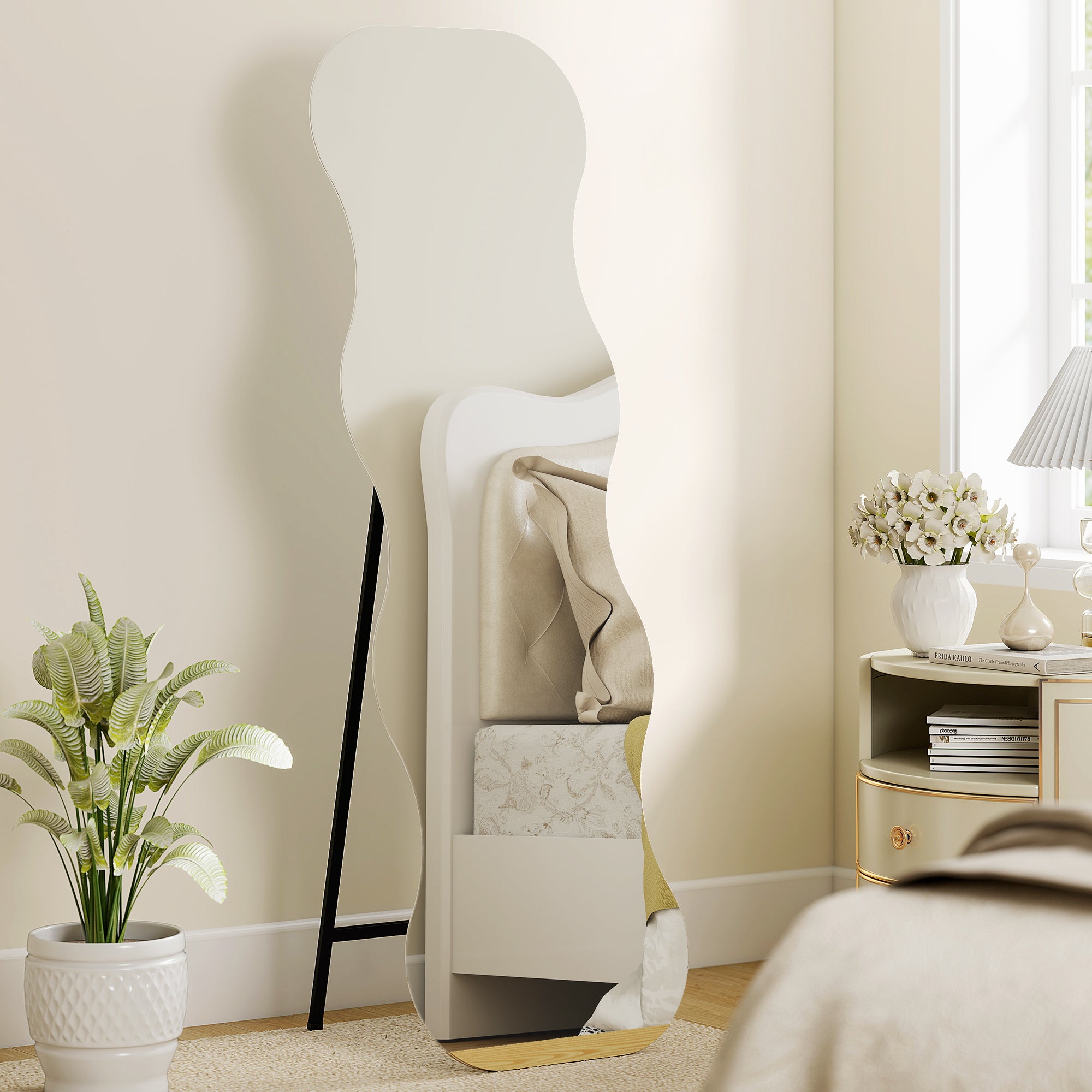 64" x 21" Full Length Mirror, Irregular Wavy Frameless Full Body Mirror with Pine Wood Base for Bedroom, Black