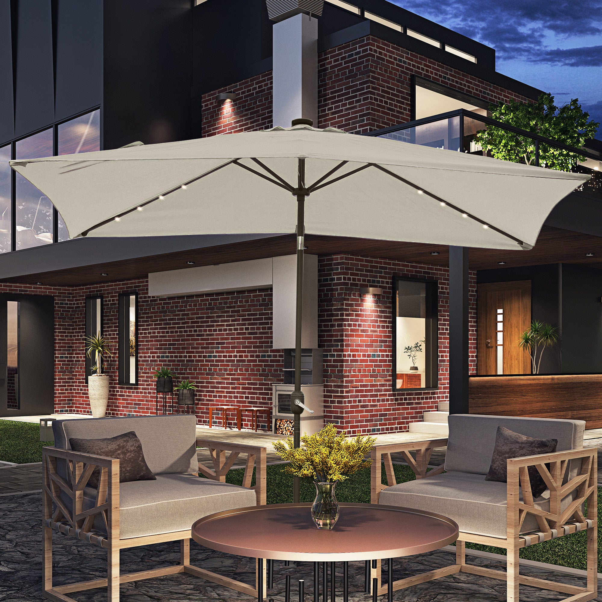 6' x 10' Patio Umbrella with 22 LED Solar Lights and Tilt, Rectangular Outdoor Table Umbrella with Crank, Beige