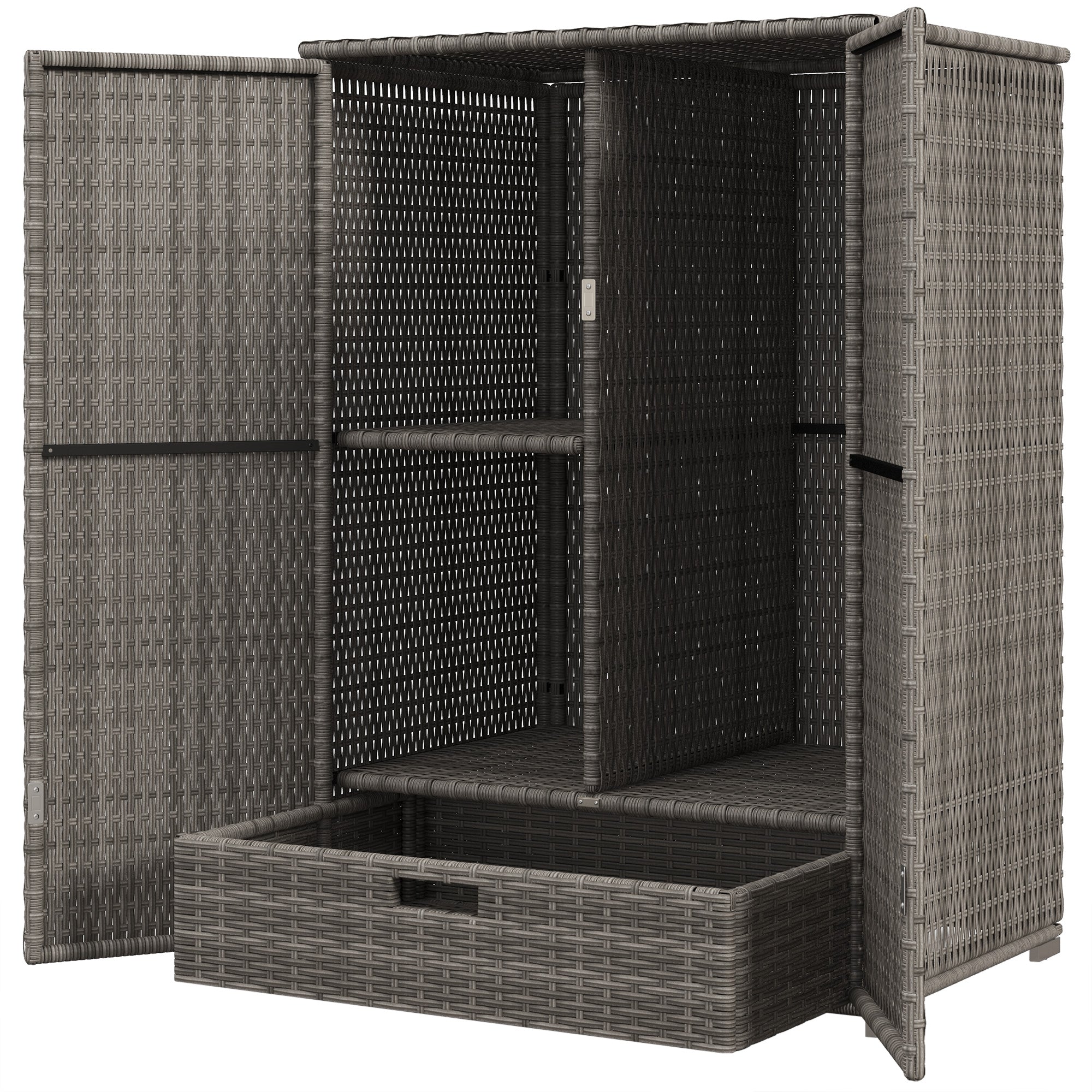 Wicker Outdoor Storage Cabinet, 2-Door Rattan Pool Towel Storage Cabinet with Drawer & Removable Shelf, Dark Grey