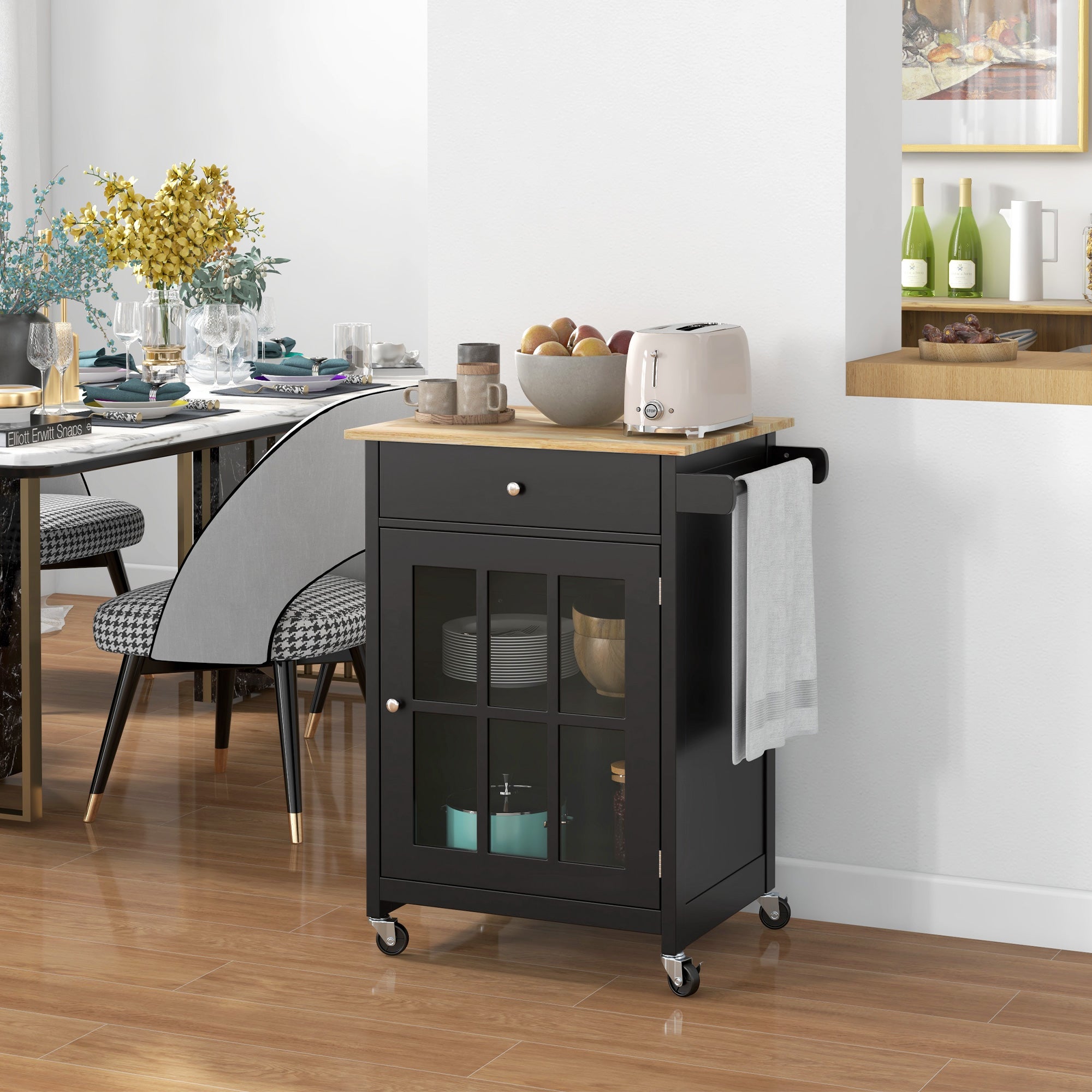 Rolling Kitchen Cart with Drawer and Glass Door Cabinet, Kitchen Island on Wheels with Towel Rack, Black