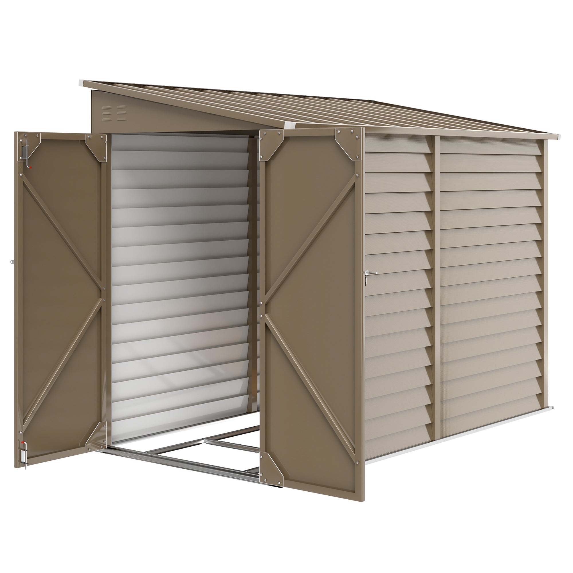 4.6' x 9' Steel Outdoor Storage Shed, Lean to Shed, Metal Tool House with Foundation Kit, Lockable Doors, Gloves and 2 Air Vents for Backyard, Patio, Lawn, Brown