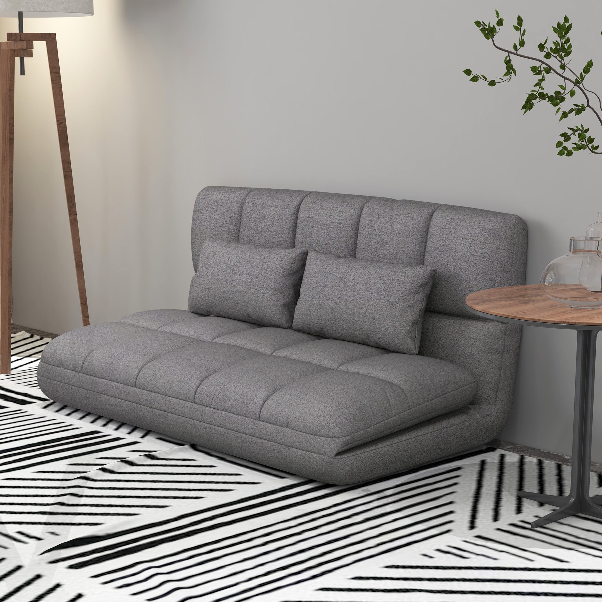 51" Folding Floor Sofa, Foldable 2-Seater Lazy Sofa Sleeper Bed, Adjustable Linen Floor Couch with 9-position Backrest, 2 Pillows and Wide Seat for Living Room, Grey