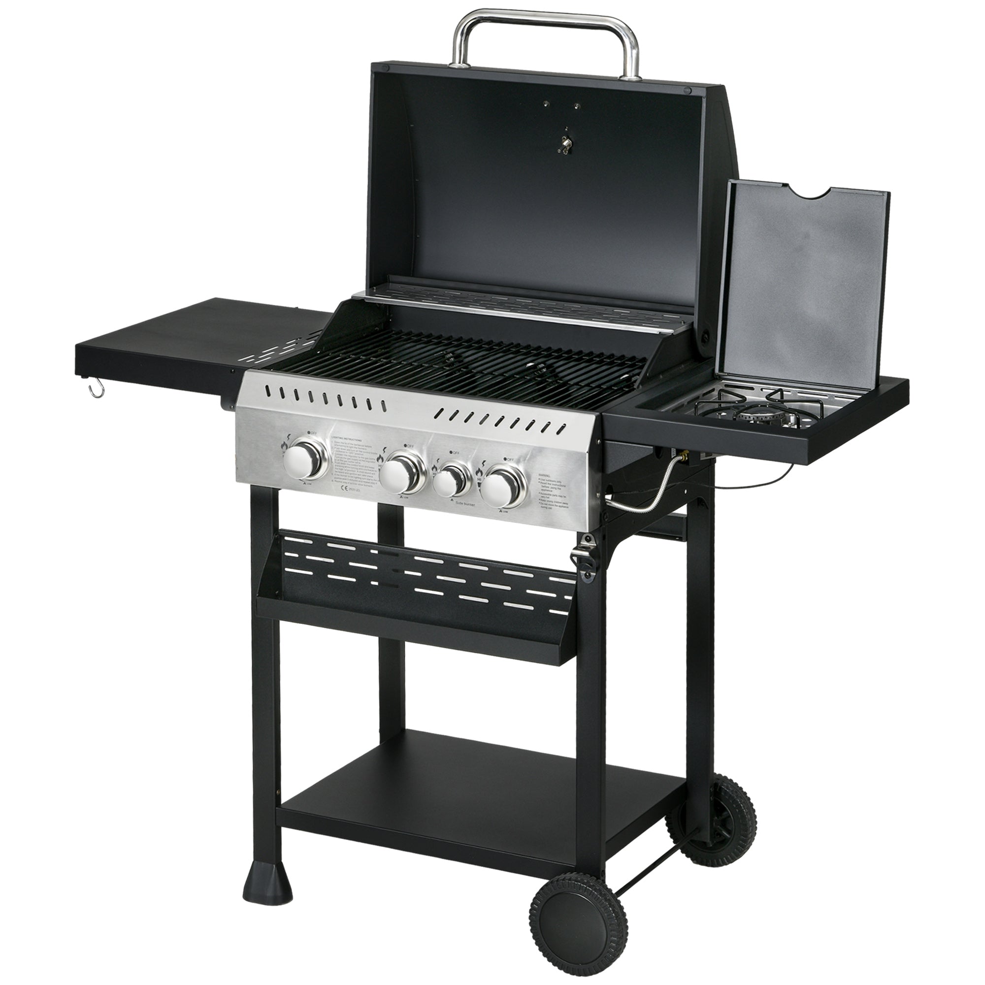 38,000 BTU Propane Gas Grill BBQ Cart with 3 Main Burners, 1 Side Burner, with Warming Rack, Side Prep Tables, Black