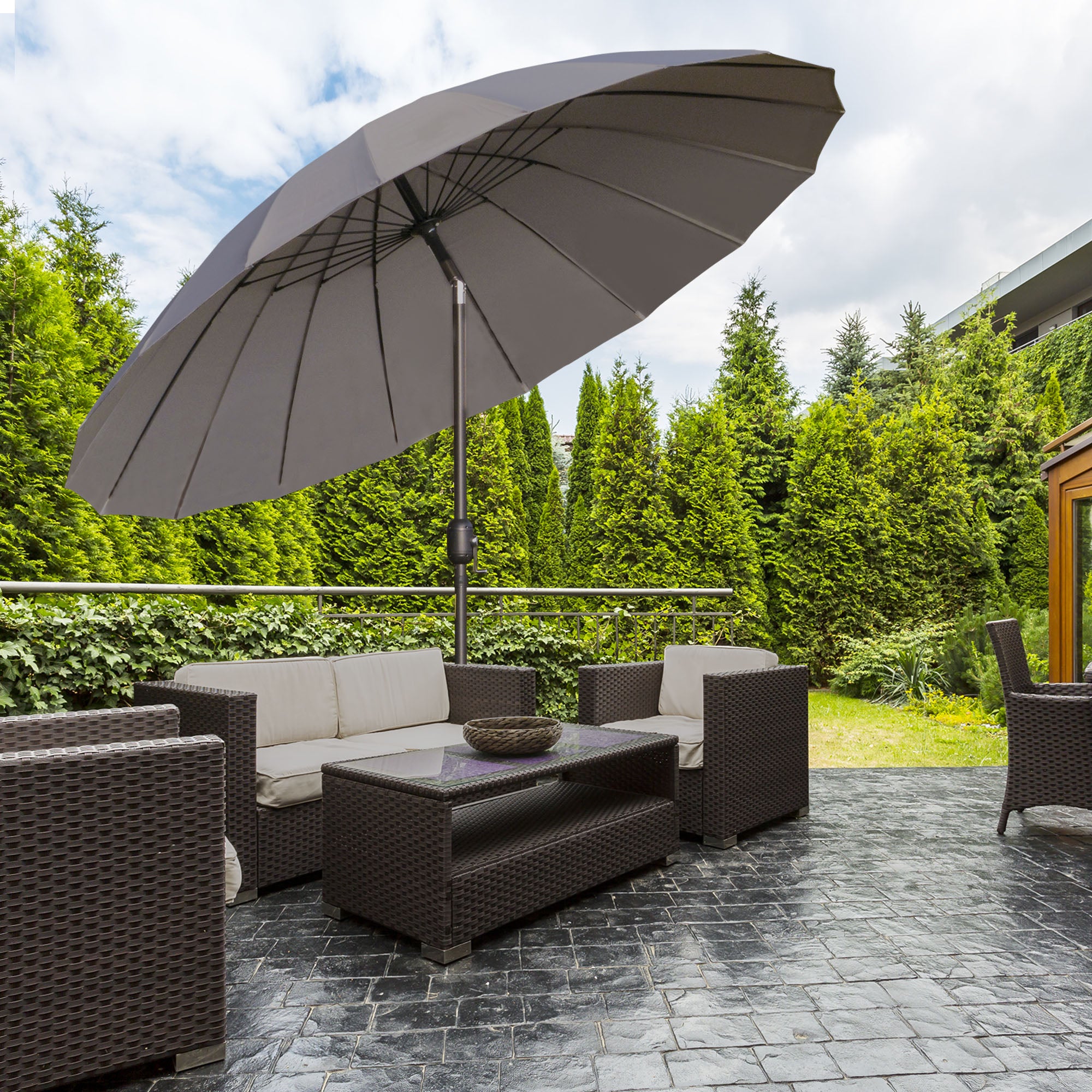 8ft Shanghai Garden Parasol Umbrella with Crank & Tilt, Adjustable Outdoor Sun Shade, Dark Grey