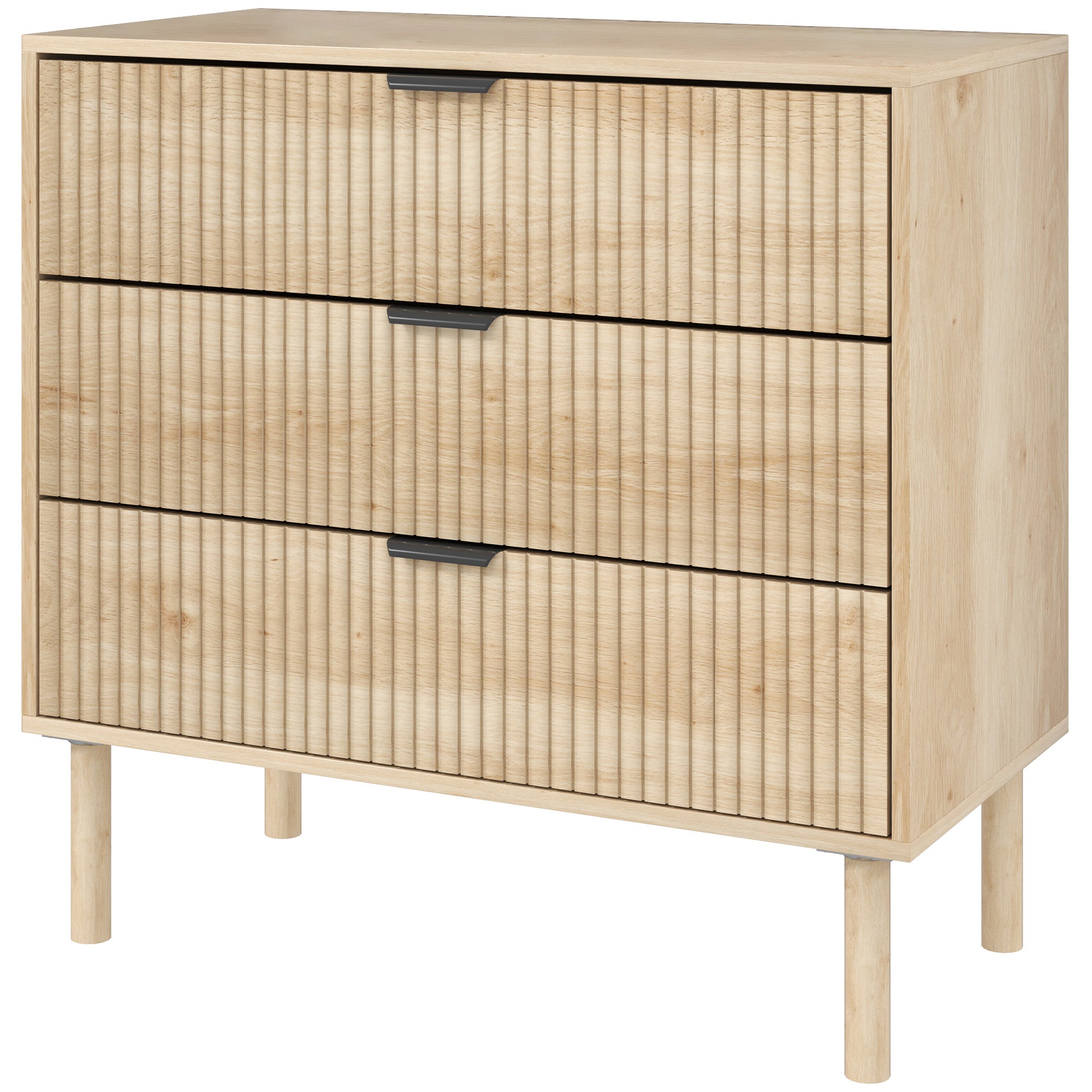 Bedroom Chest of Drawers, 3 Drawer Dresser with Fluted Panels and Solid Wood Legs, Storage Cabinet for Living Room, Oak