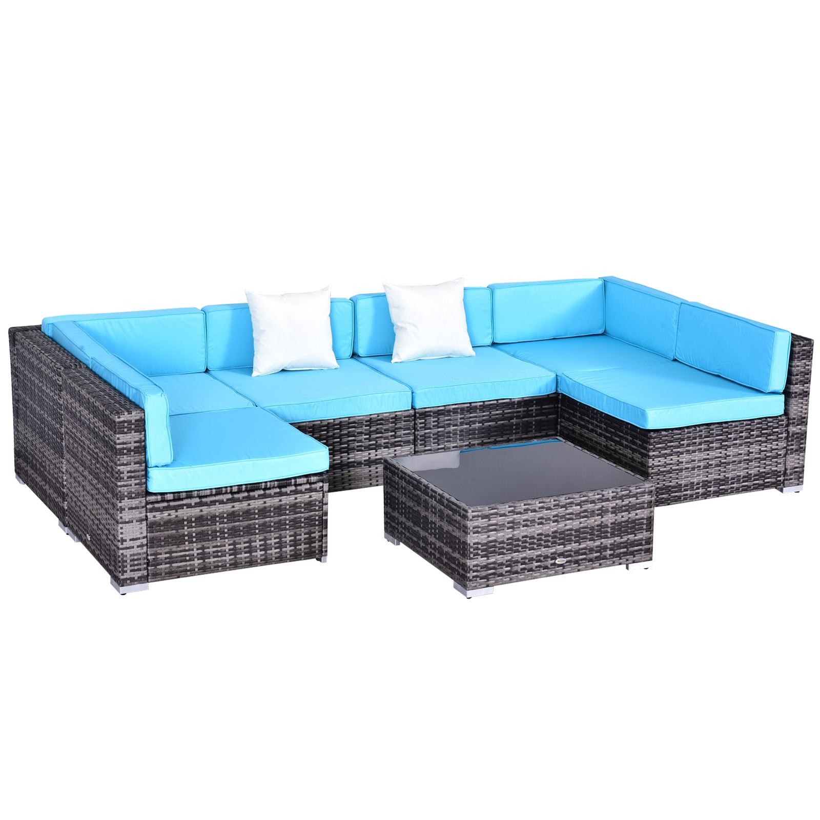 7 Pieces Outdoor Rattan Furniture Set, Patio Wicker Sectional Conversation Sofa Set w/ Cushions & Coffee Table
