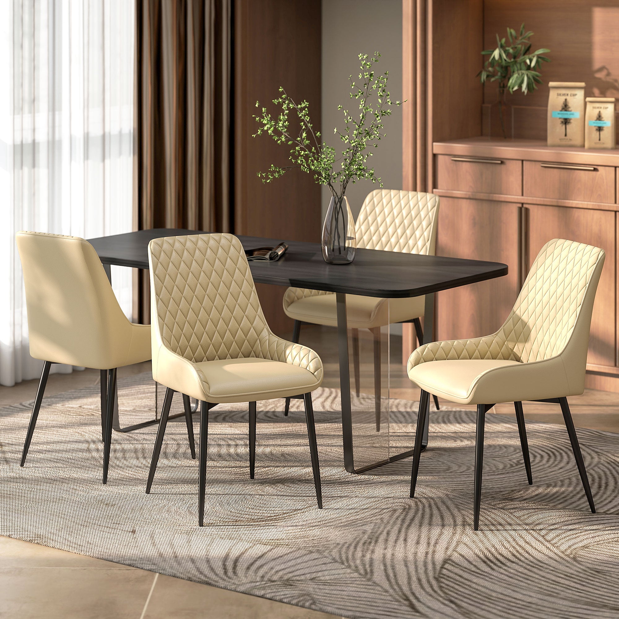 Upholstered Kitchen Chairs, Modern Dining Chairs Set of 4 with Diamond Tufting and Steel Legs for Dining Room, Khaki