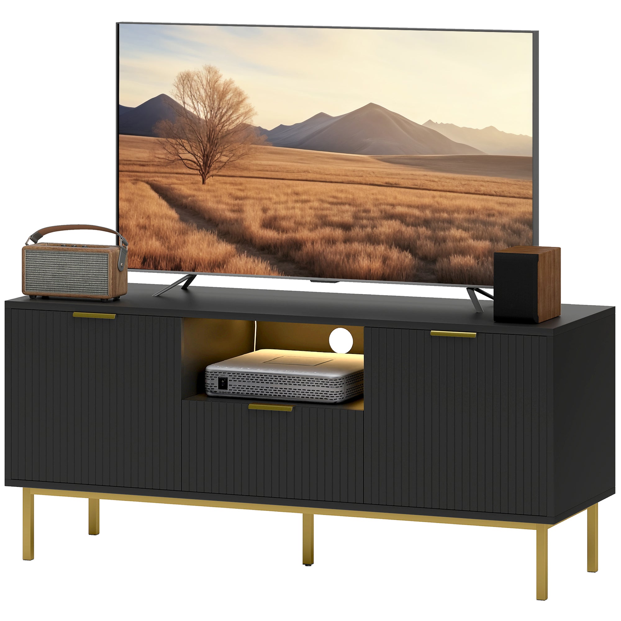 Modern TV Console for TVs up to 40 Inch, Entertainment Center with Smart RGB LED Lights and Soft Close Doors, Black